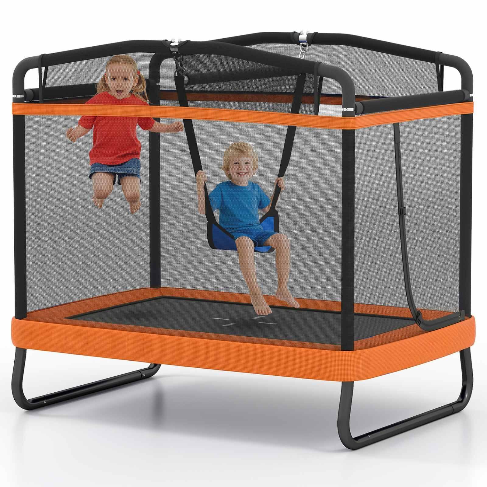 6FT Rectangle Trampoline w/Swing Bar & Enclosure Net Orange