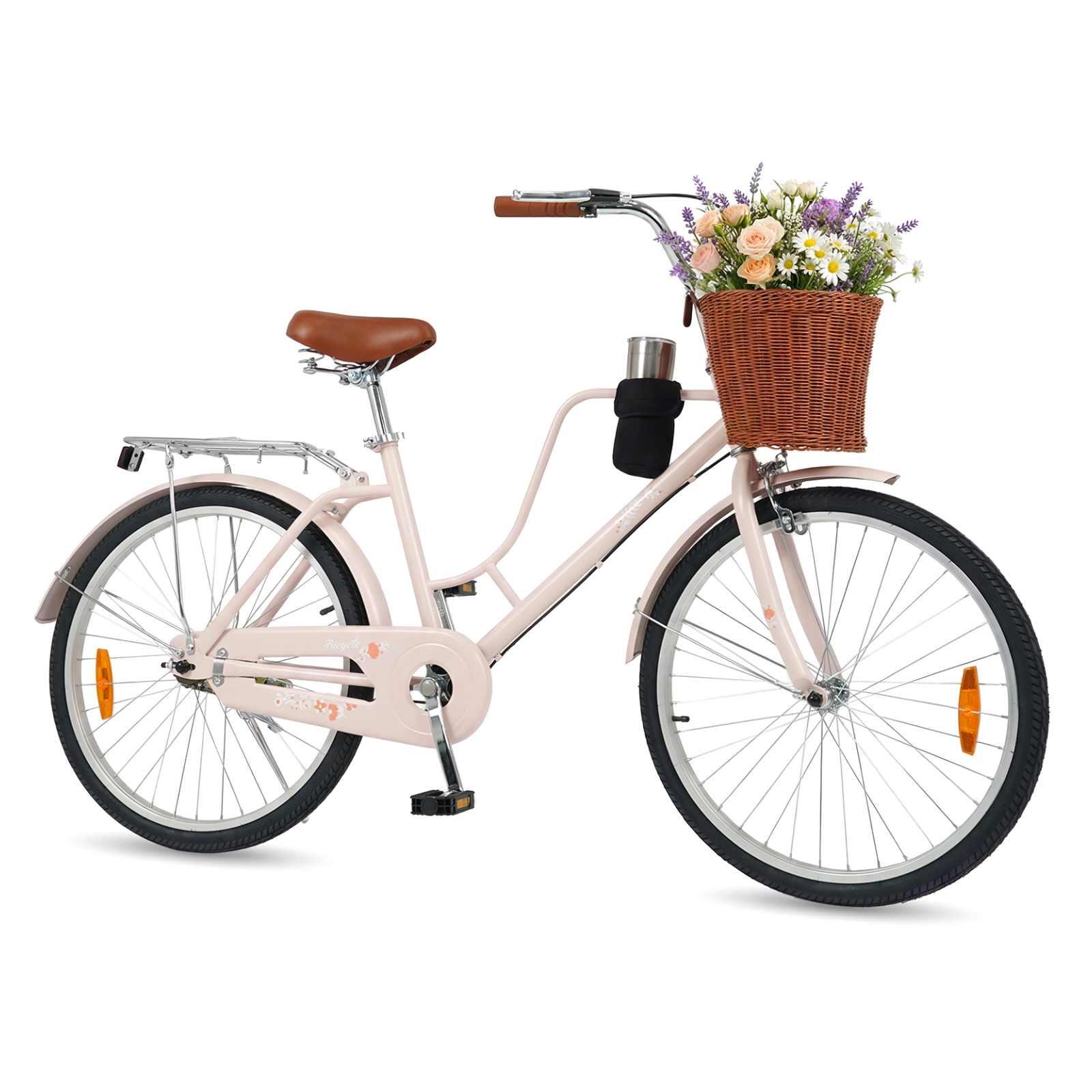 66cm Beach Cruiser Bike w/Basket Rear Rack Cup Holder & Reflectors