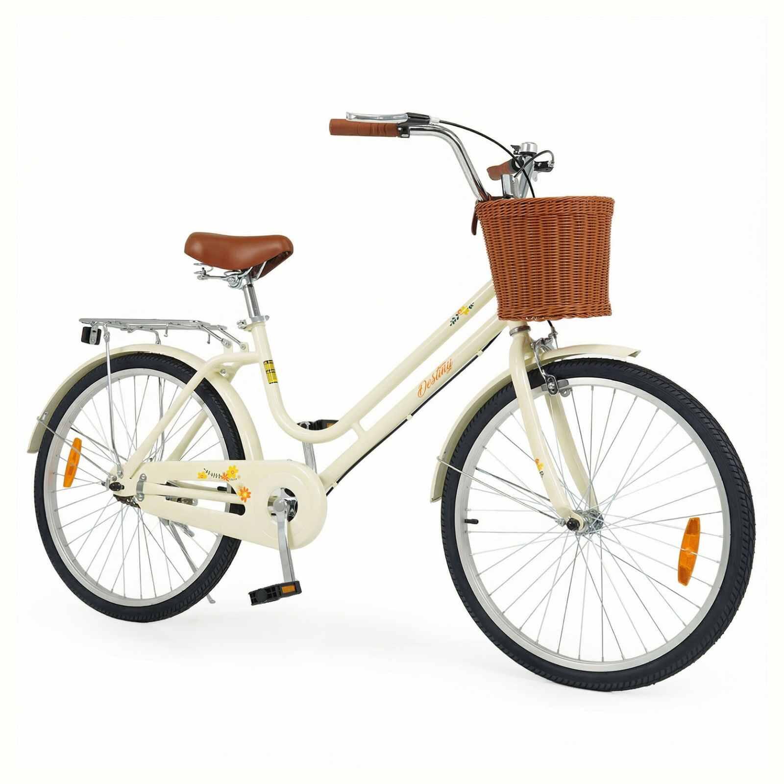 66cm Women's Beach Cruiser Bike w/Basket Rack Reflectors Beige
