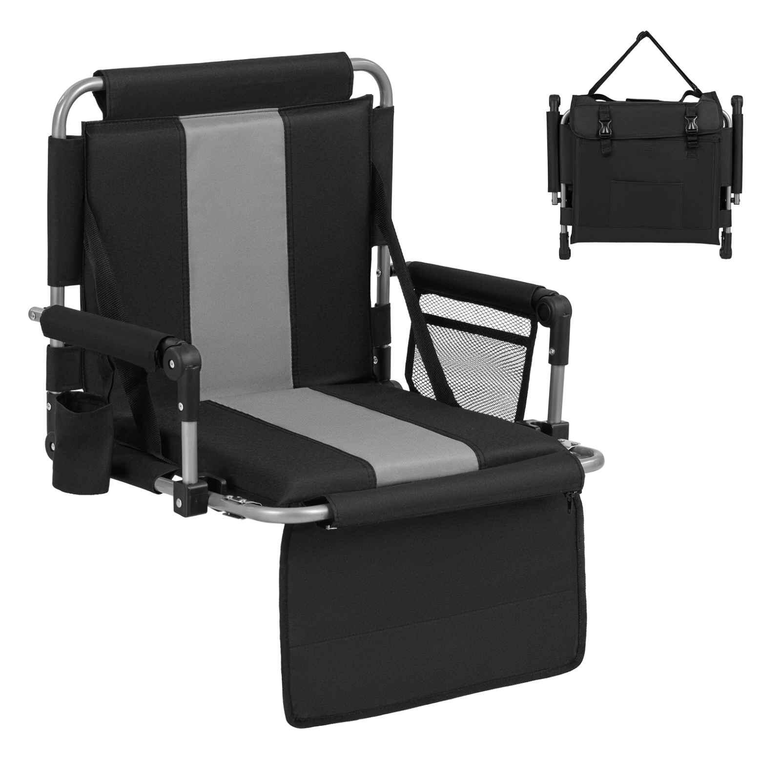 54cm Foldable Stadium Seat w/Padded Back & Armrests Grey