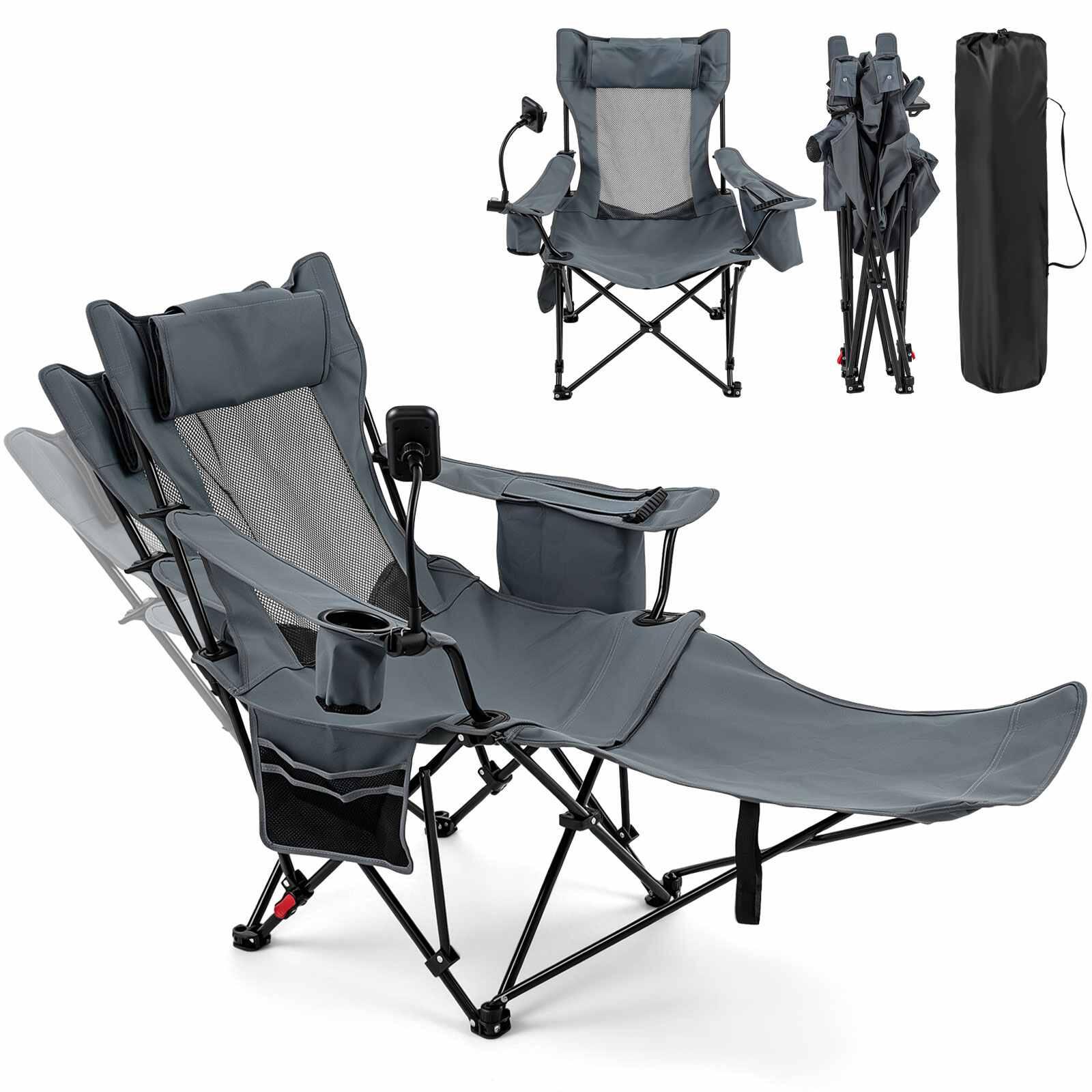 2-in-1 Reclining Camping Chair w/Footrest Cup Holder Grey