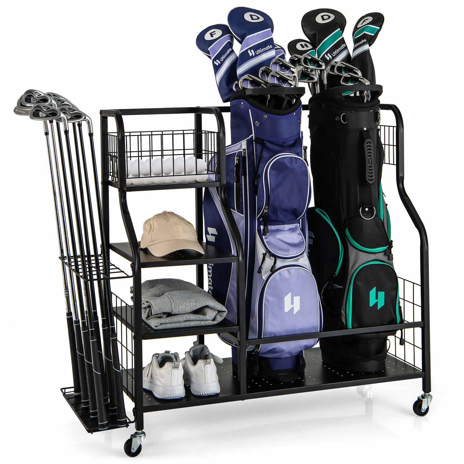 Golf Bag Storage Rack for 2 Bags w/6 Hooks & Lockable Wheels