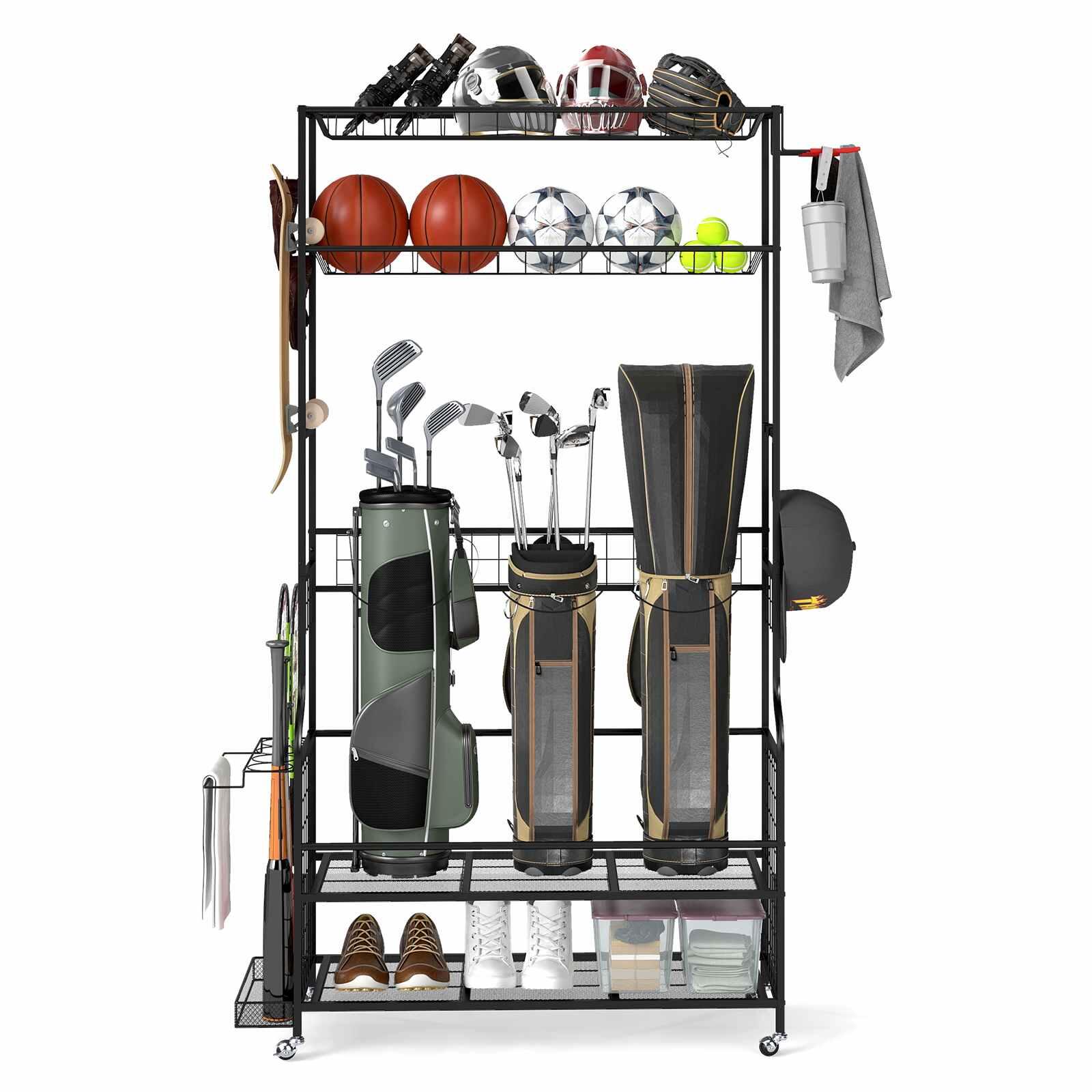 Golf Storage Rack for 3 Bags w/Hooks Wheels & Club Display