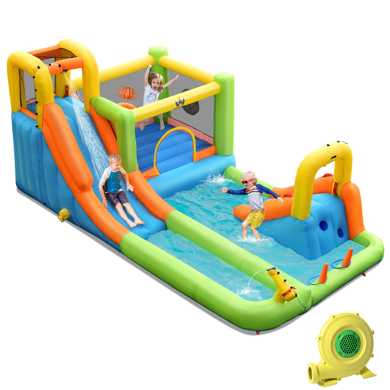 Inflatable Water Slide Park w/Climbing Wall & Blower