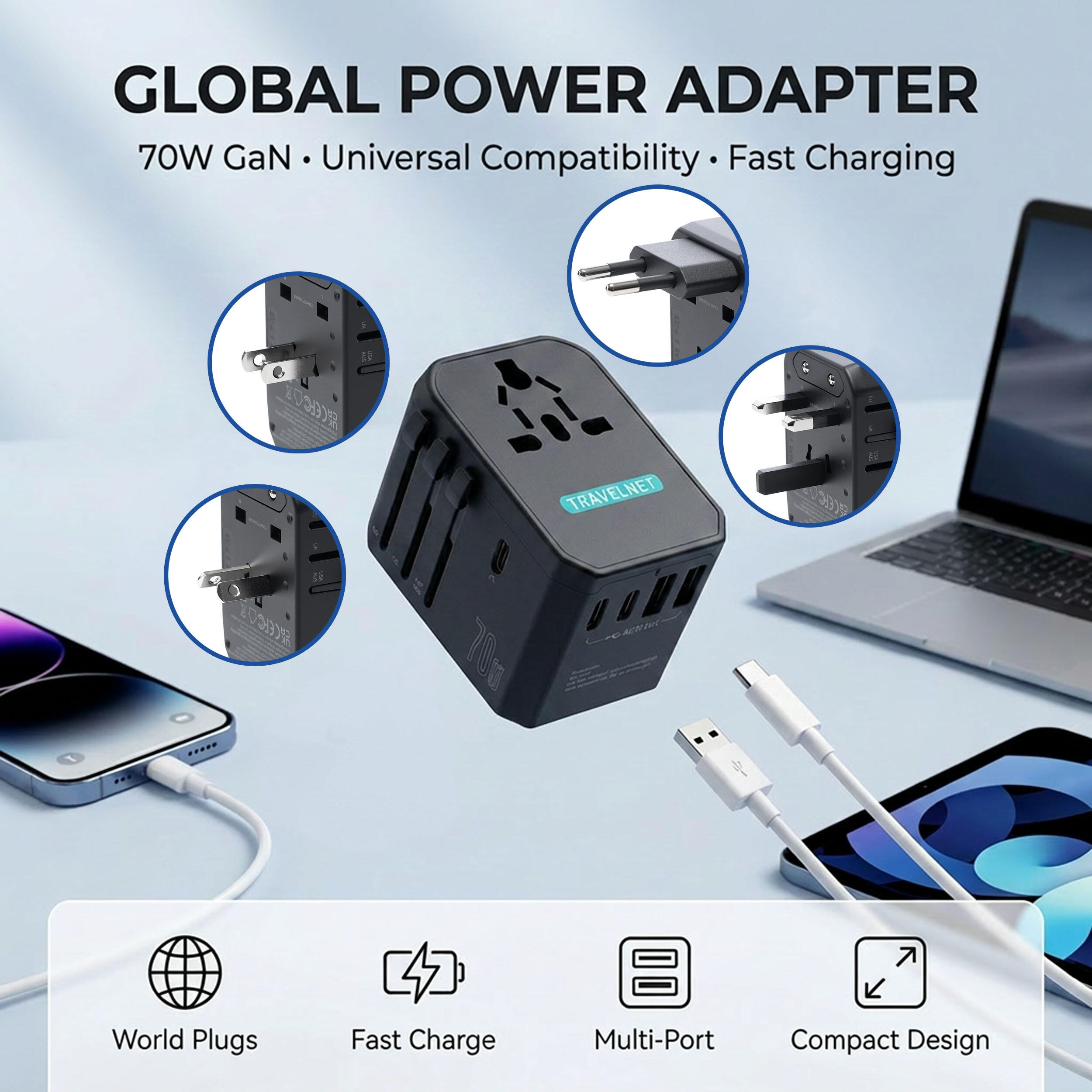 Travelnet Adaptateur de voyage universel 70W – 3x USB-C & 2x USB-A 3/7