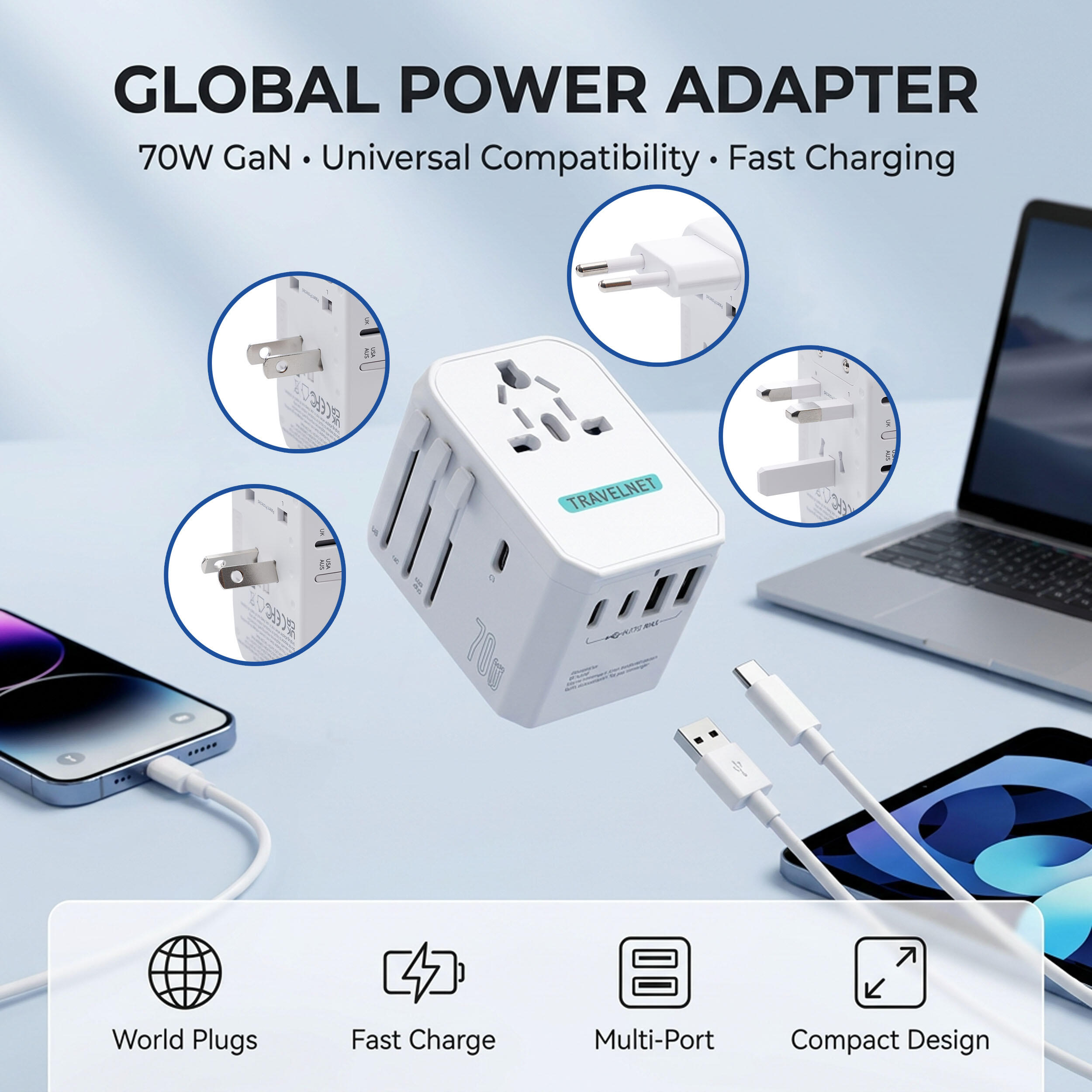 Travelnet Adaptateur de voyage universel 70W – 3x USB-C & 2x USB-A 3/7