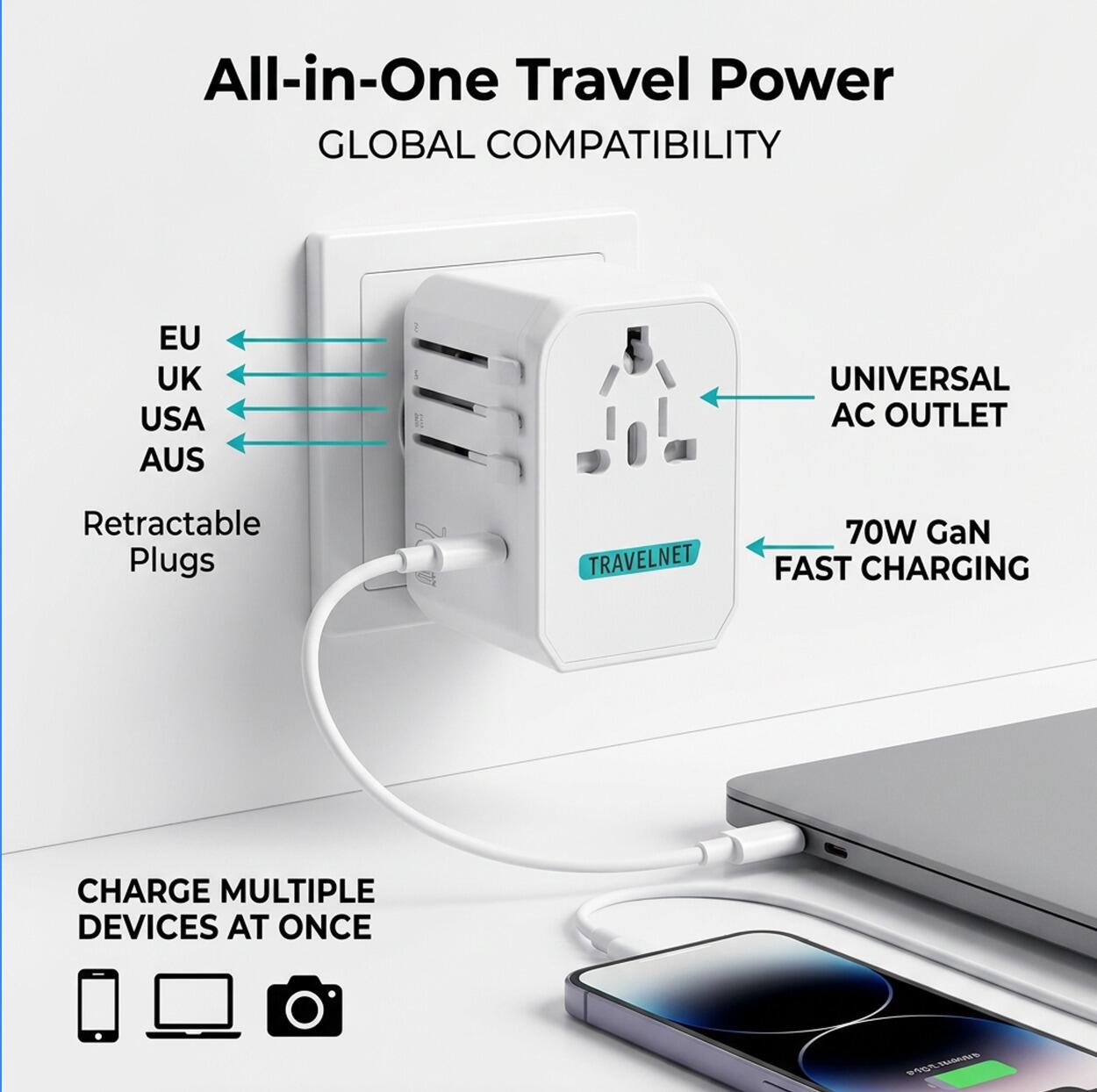 Travelnet Adaptateur de voyage universel 70W – 3x USB-C & 2x USB-A 4/7