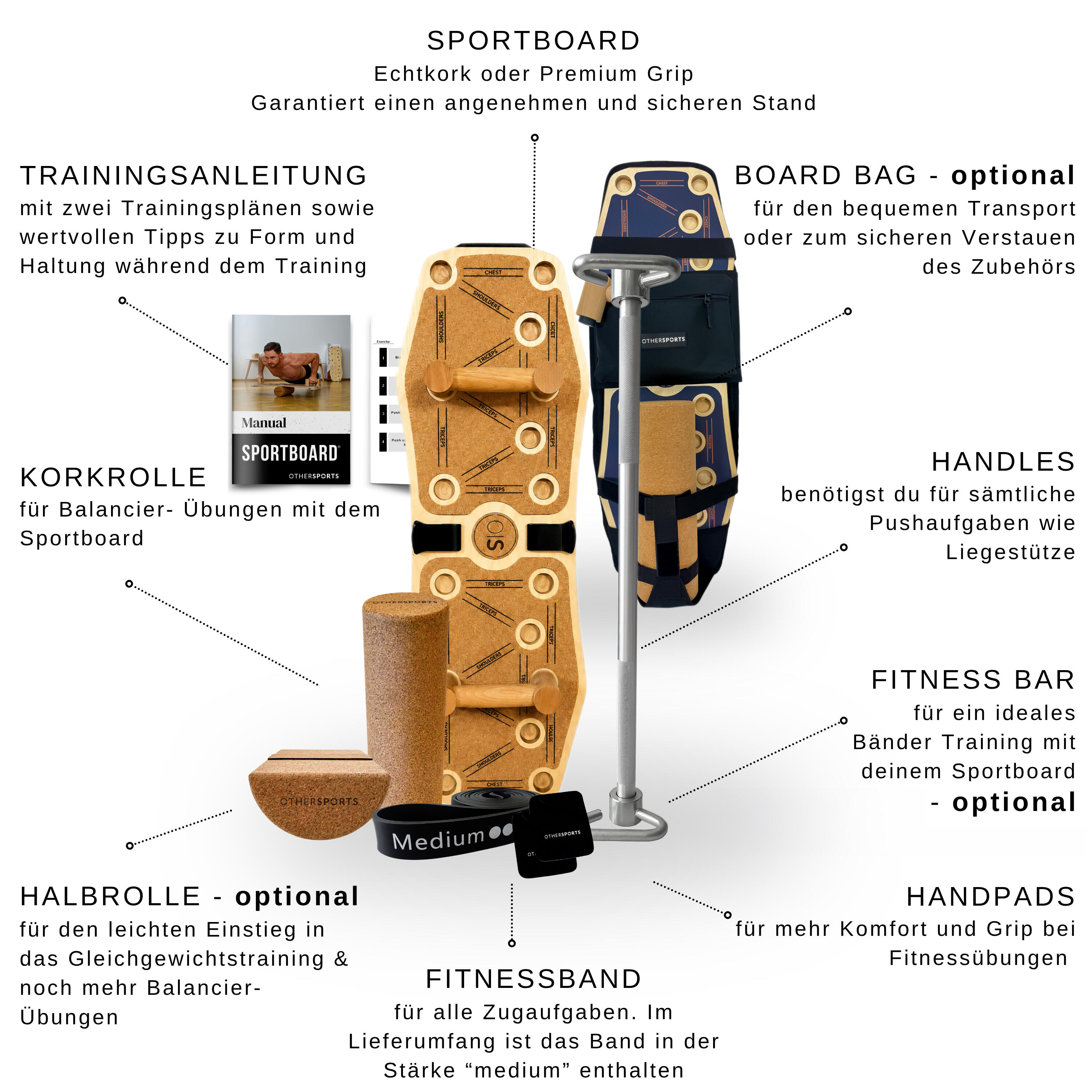 Sportboard  4 Core - Fitness Balance Board (Braun) mit Korkrolle und Fitnessband 7/8