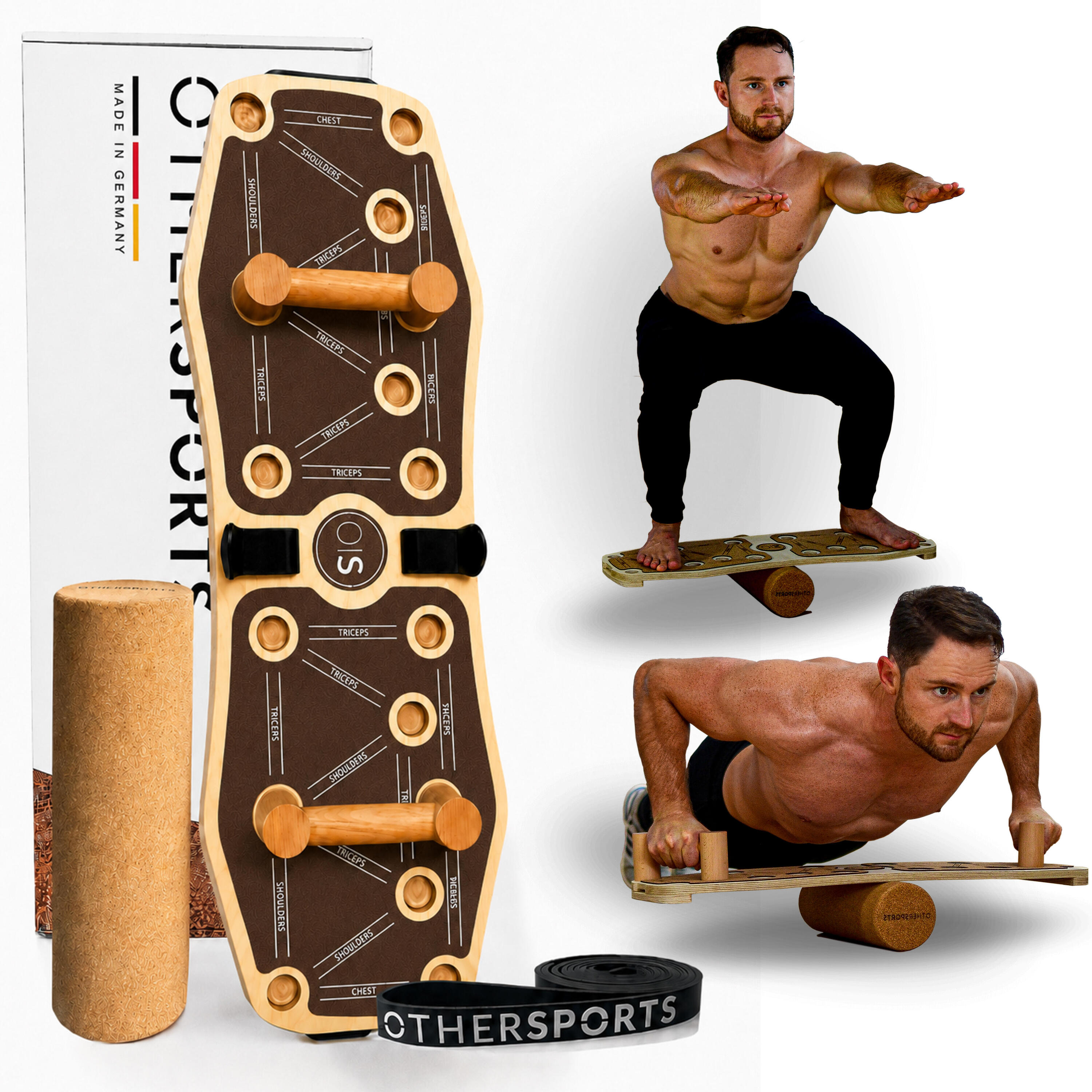 Sportboard  4 Core - Fitness Balance Board (Braun) mit Korkrolle und Fitnessband 1/8