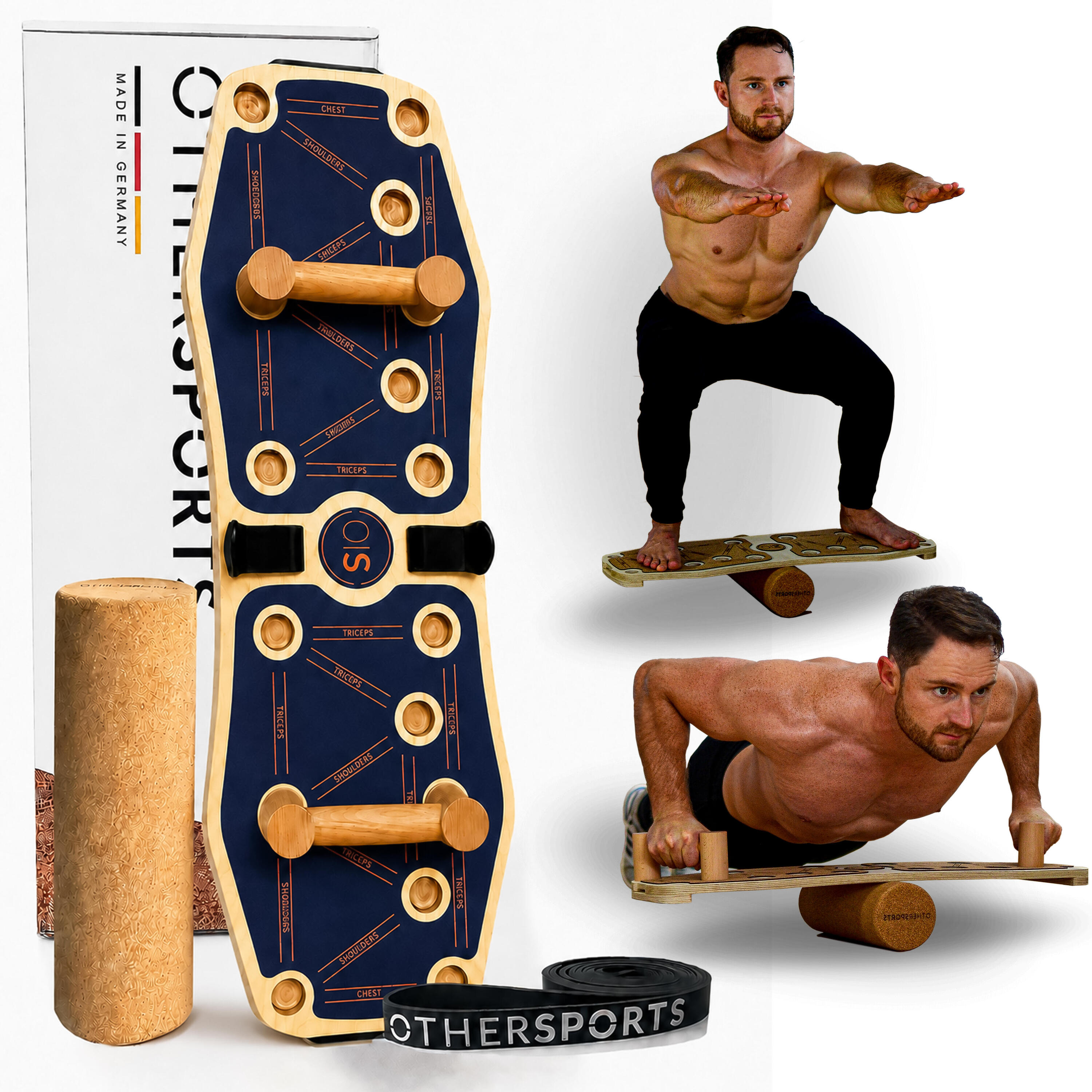 Sportboard  4 Core - Fitness Balance Board (Blau) mit Korkrolle und Fitnessband 1/8