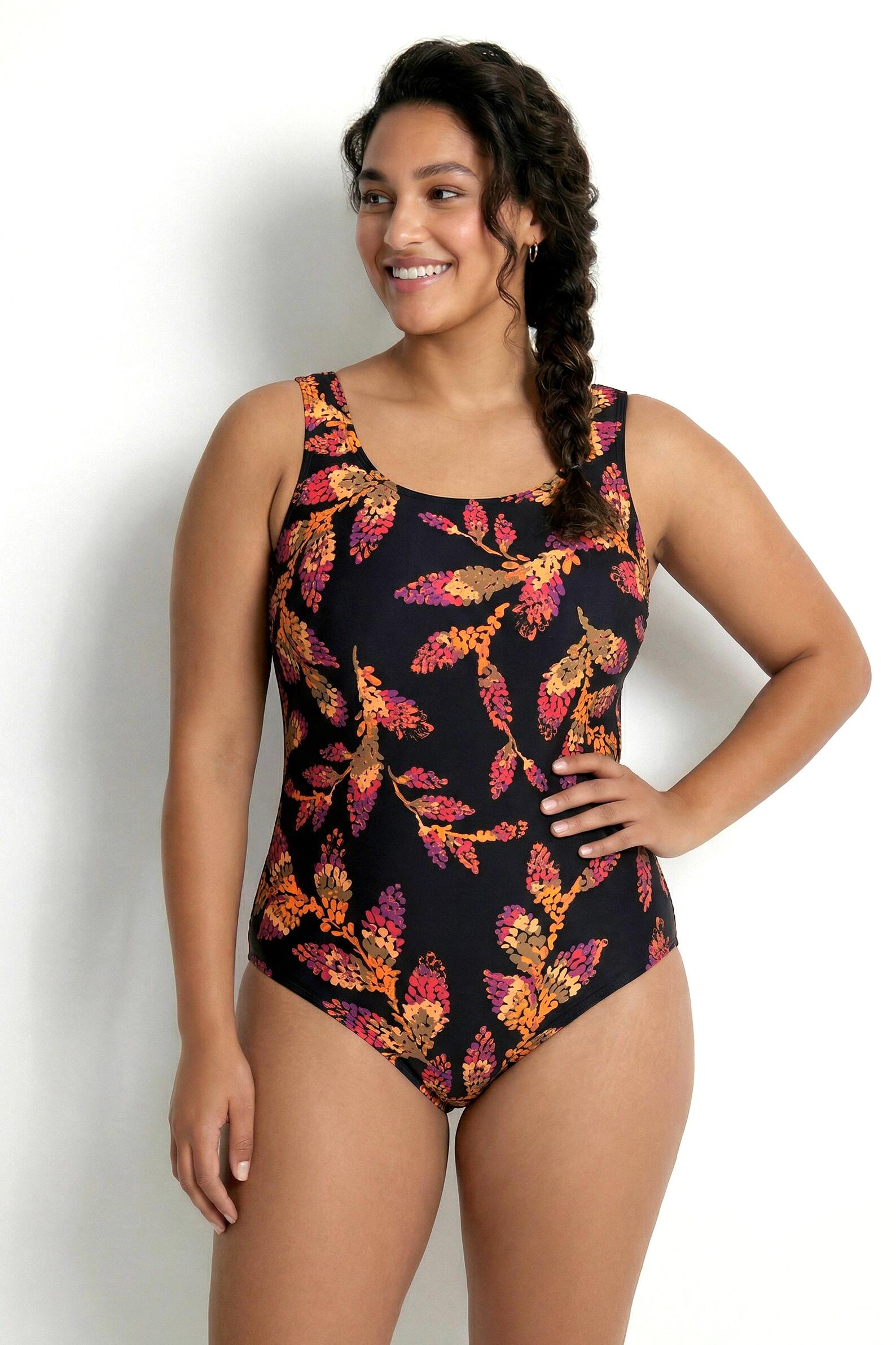 Femme Maillot de bain sans bonnets souples décolleté rond et motif feuilles 1/7