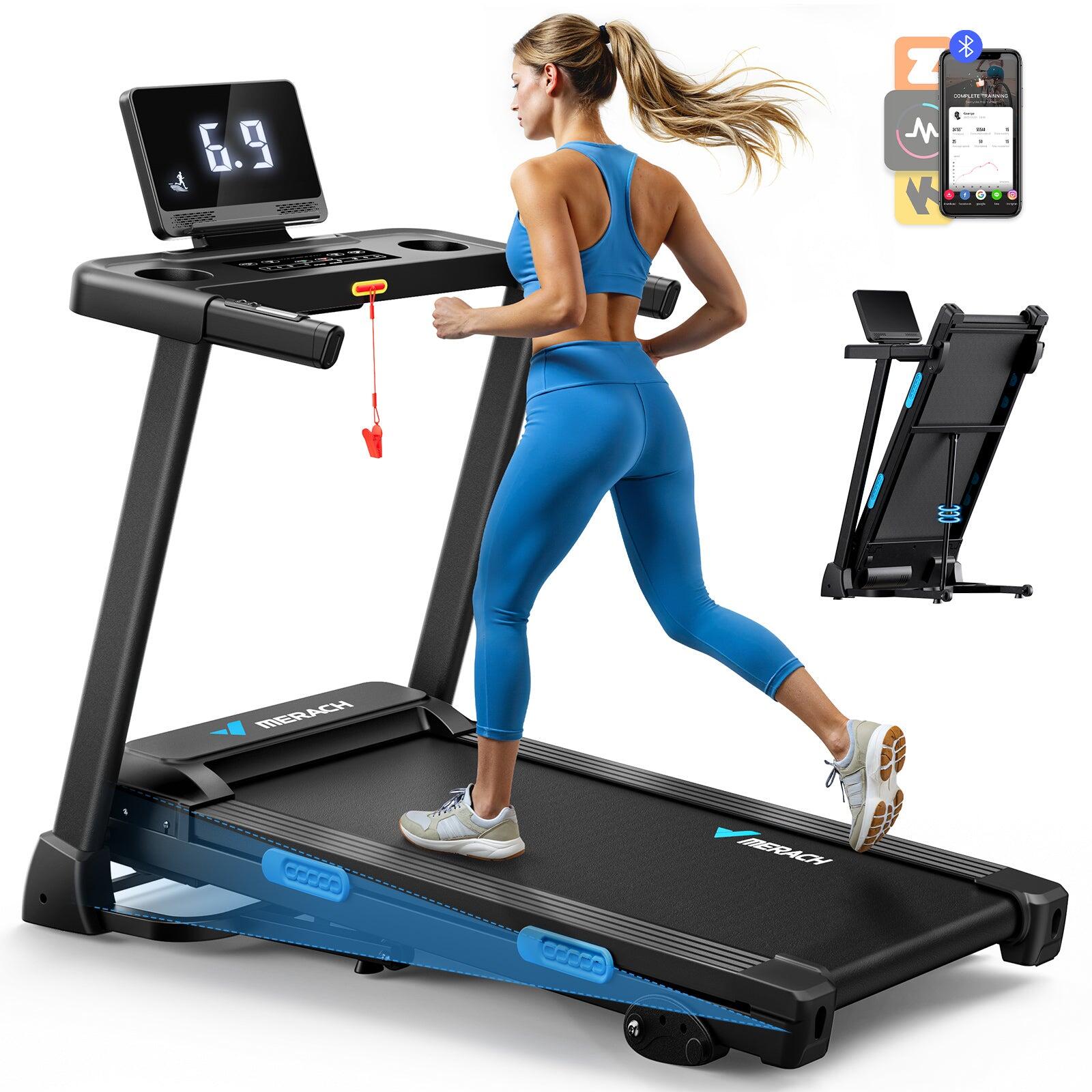 Tapis de course pliable MERACH 2,5 CV, jusqu’à 12 km/h, inclinaison 3 niveaux. 1/7