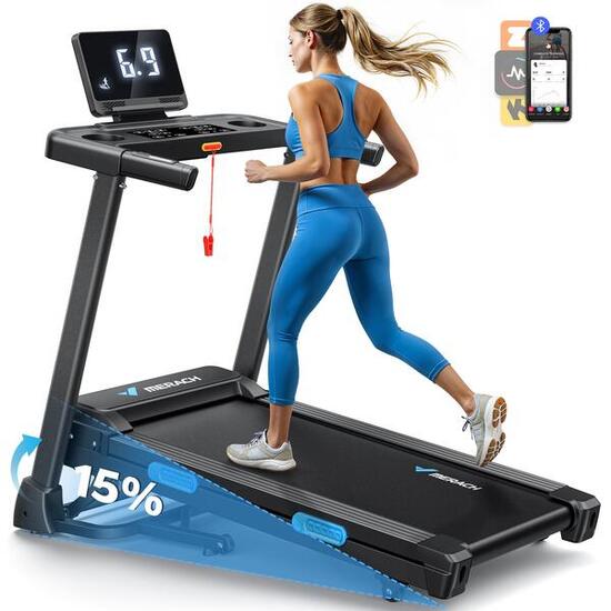 Tapis de course électrique pliable 0,8–12 km/h, inclinaison 15%, Bluetooth
