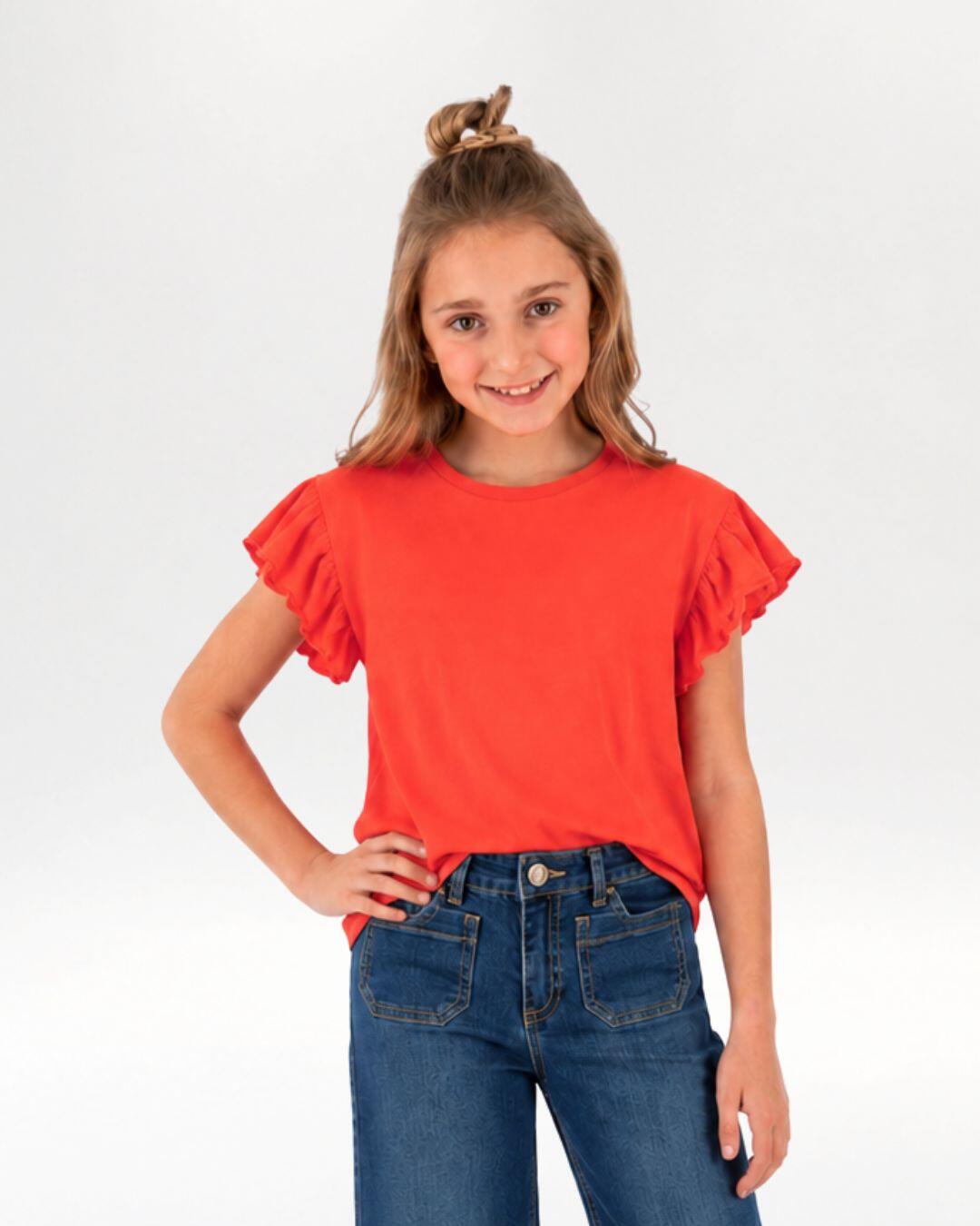 Camiseta niña roja manga corta con volantes 1/5