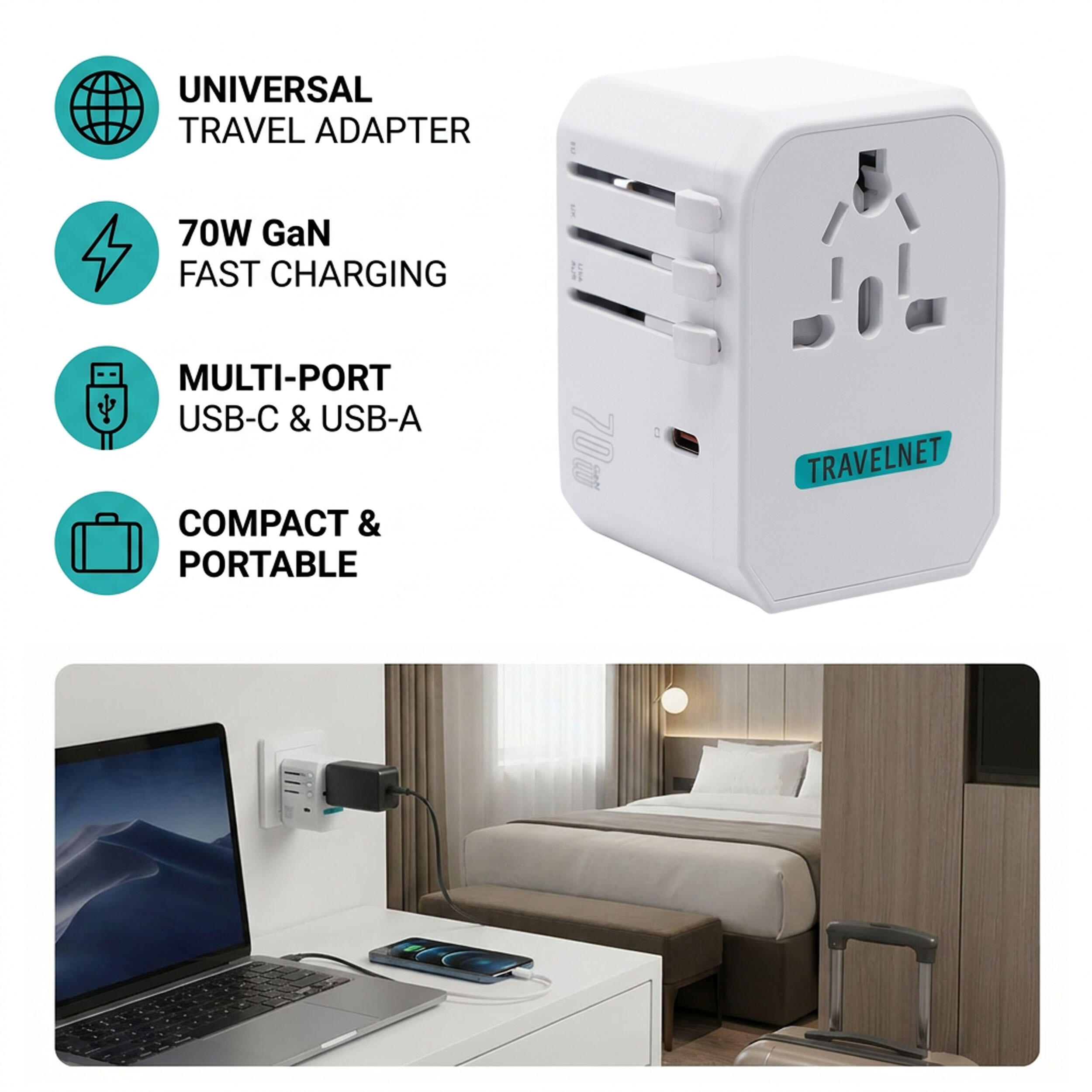 Travelnet Adaptateur de voyage universel 70W – 3x USB-C & 2x USB-A 5/7