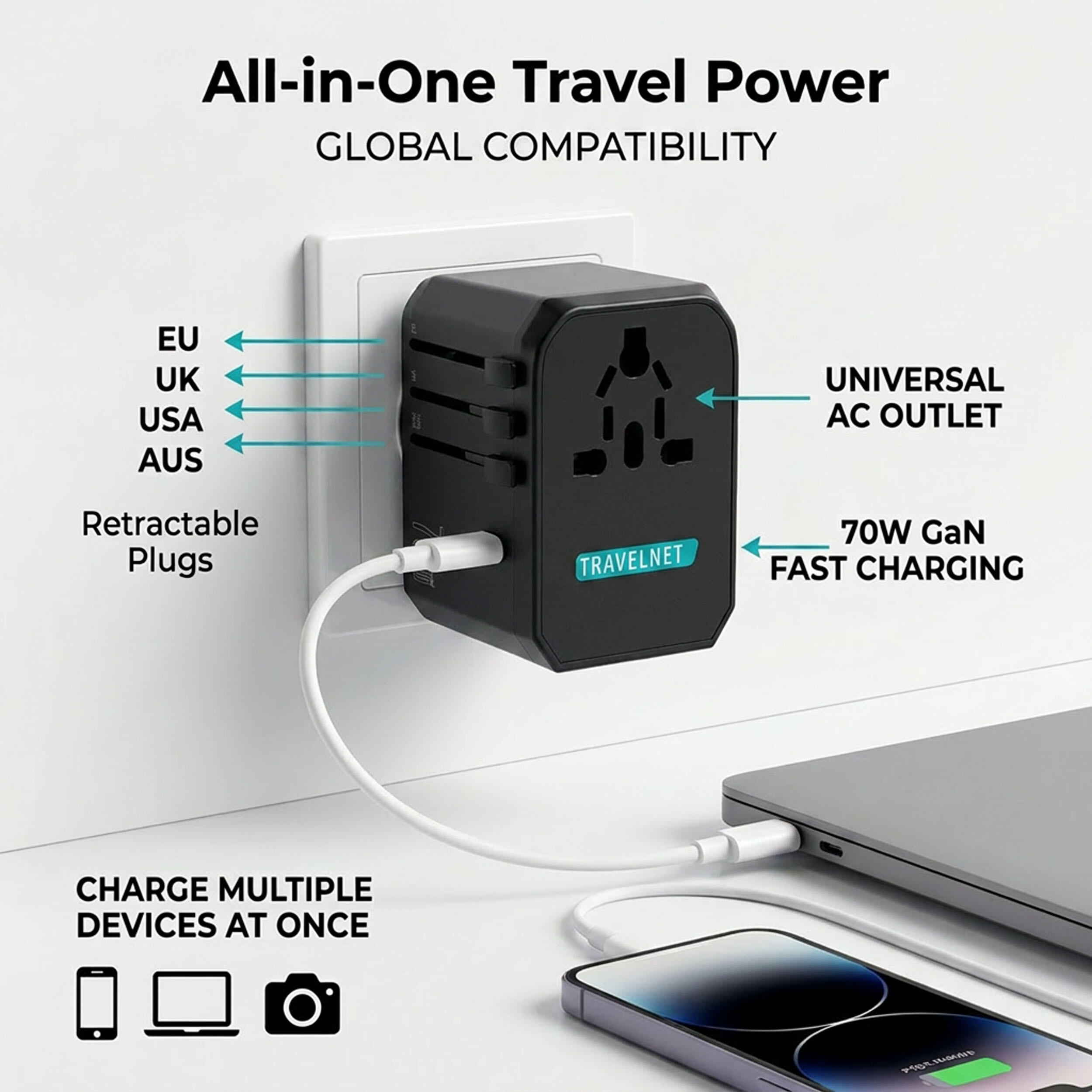 Travelnet Adaptateur de voyage universel 70W – 3x USB-C & 2x USB-A 4/7