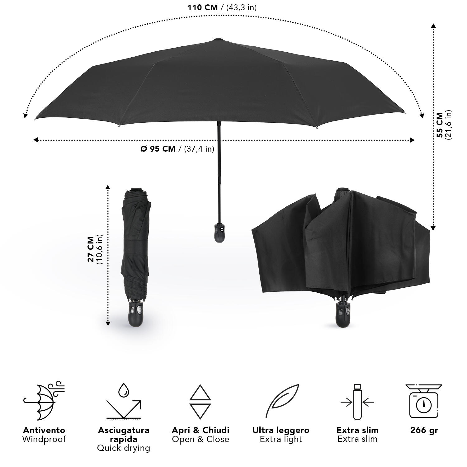 Ombrello Nero Extra Compatto 3/7