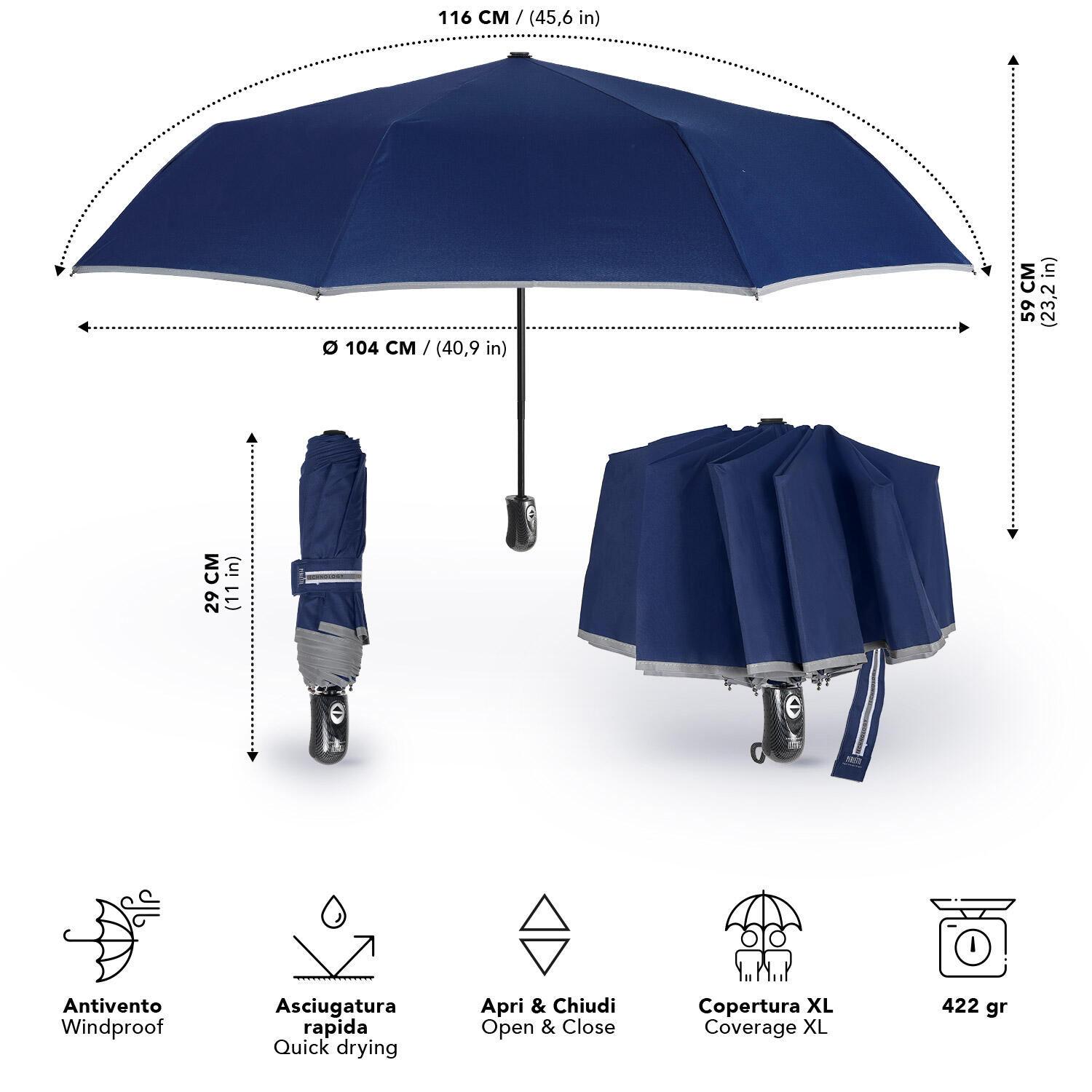 Ombrello Blu Bordo Catarifrangente Apri e Chiudi Automatico 3/7