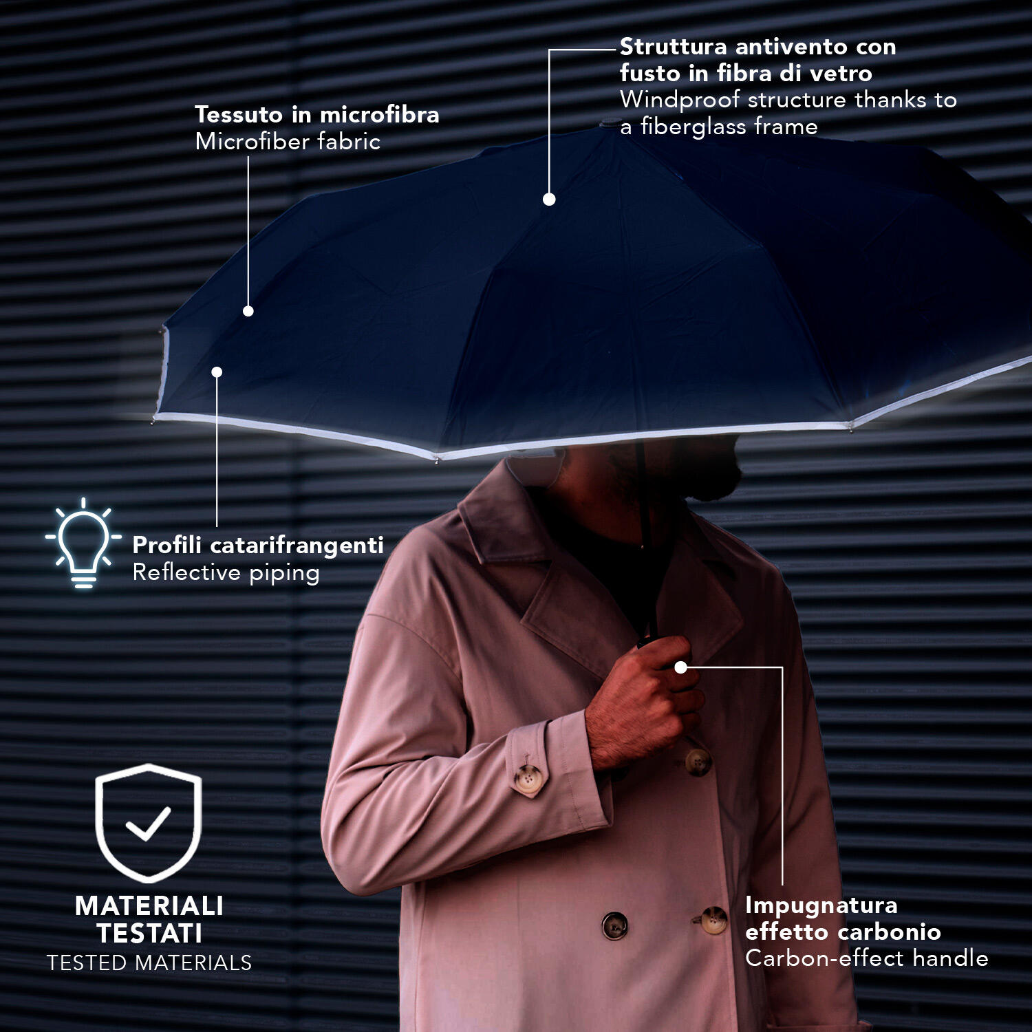 Ombrello Blu Bordo Catarifrangente Apri e Chiudi Automatico 6/7