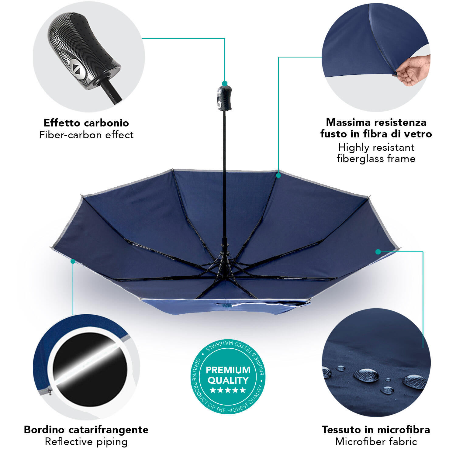 Ombrello Blu Bordo Catarifrangente Apri e Chiudi Automatico 7/7