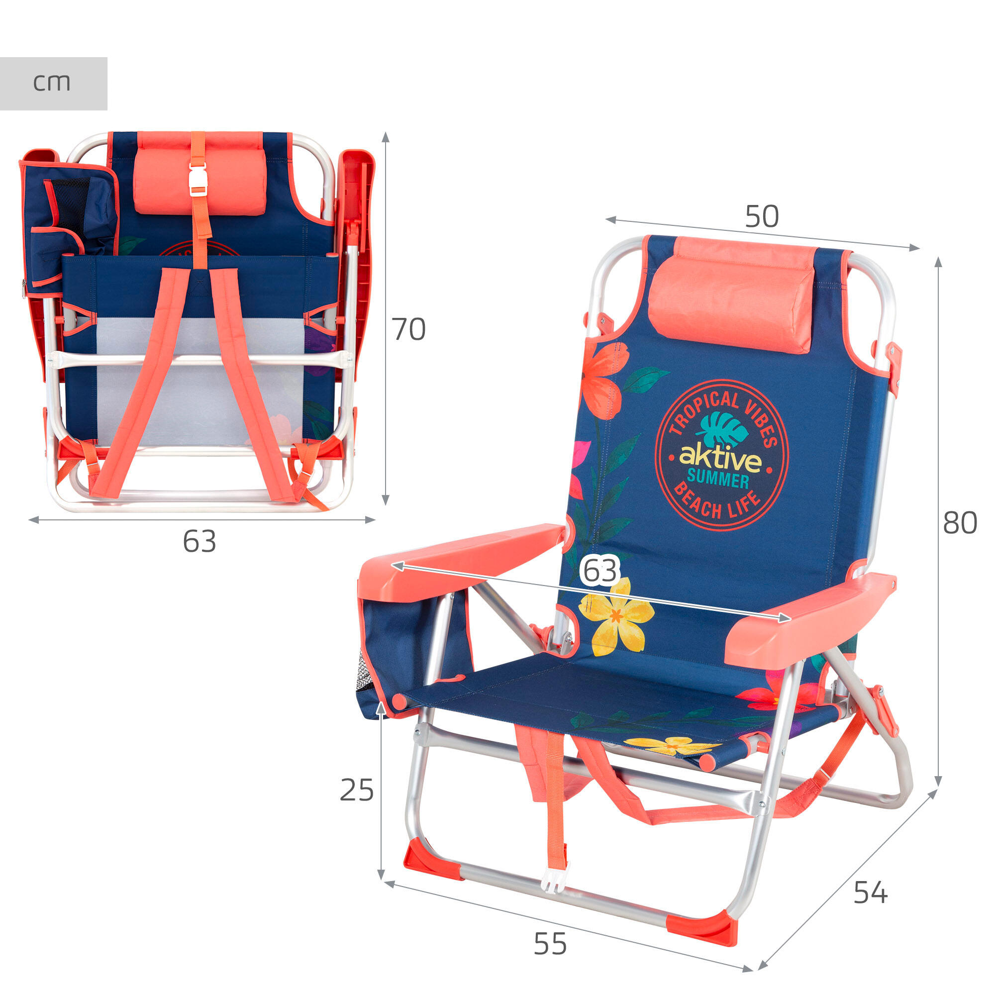 Lot de 2 chaises de plage multipositions moyennes (50x54x80 cm) à motifs floraux 4/7