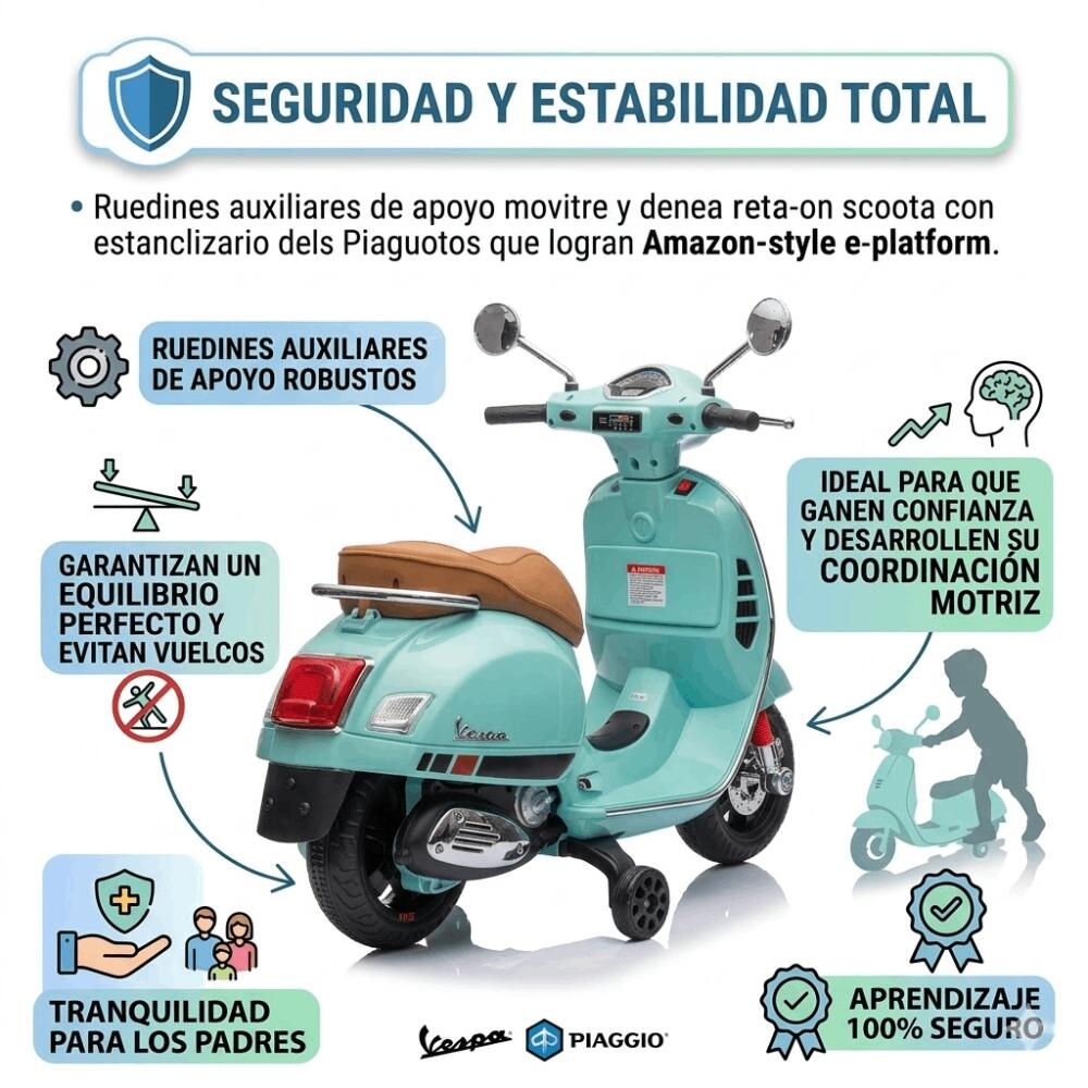Moto Eléctrica Vespa Oficial para Niños 12V - Scooter Clásico Retro con Ruedines 3/6
