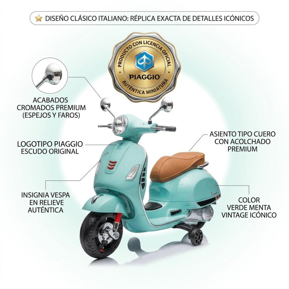 Moto Eléctrica Vespa Oficial para Niños 12V - Scooter Clásico Retro con Ruedines 2/6