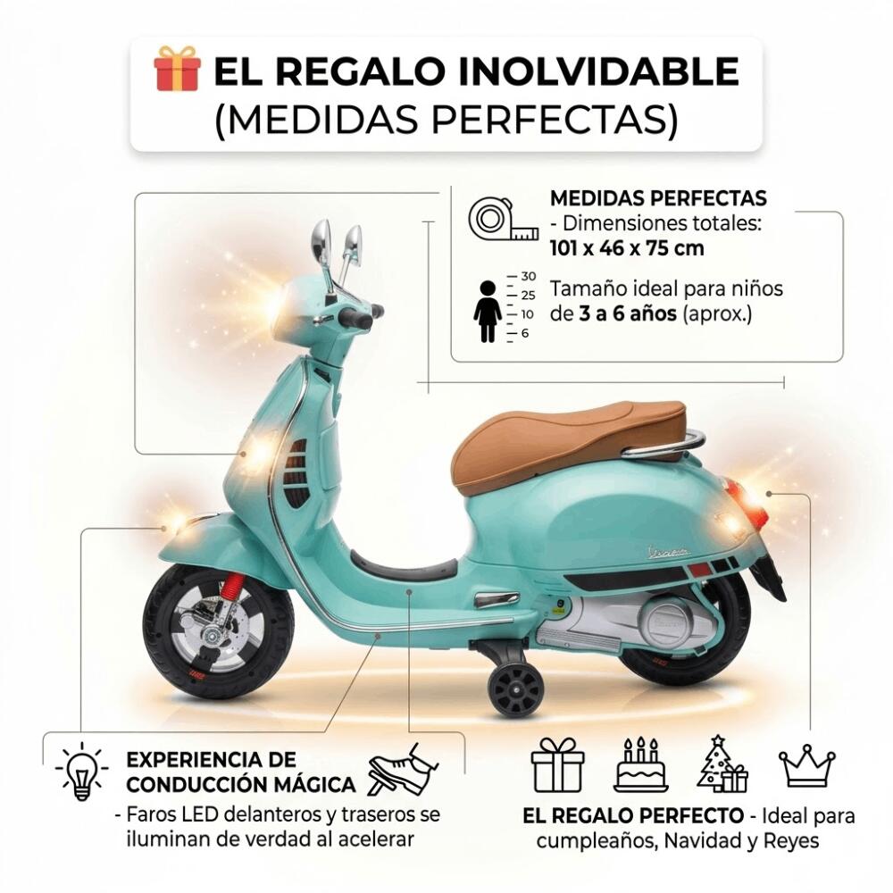 Moto Eléctrica Vespa Oficial para Niños 12V - Scooter Clásico Retro con Ruedines 6/6