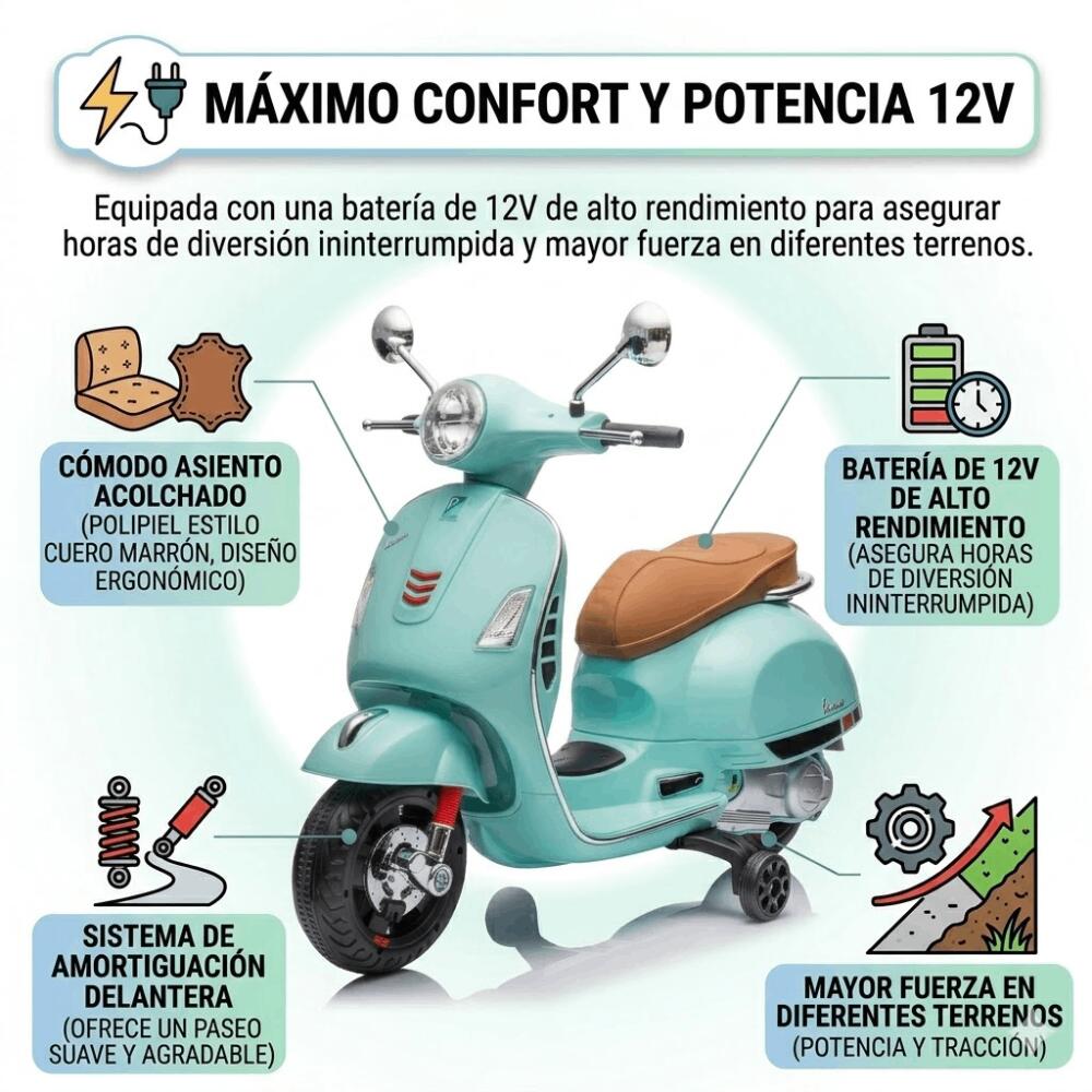 Moto Eléctrica Vespa Oficial para Niños 12V - Scooter Clásico Retro con Ruedines 5/6