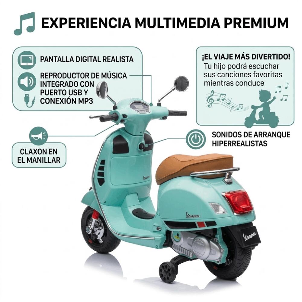 Moto Eléctrica Vespa Oficial para Niños 12V - Scooter Clásico Retro con Ruedines 4/6