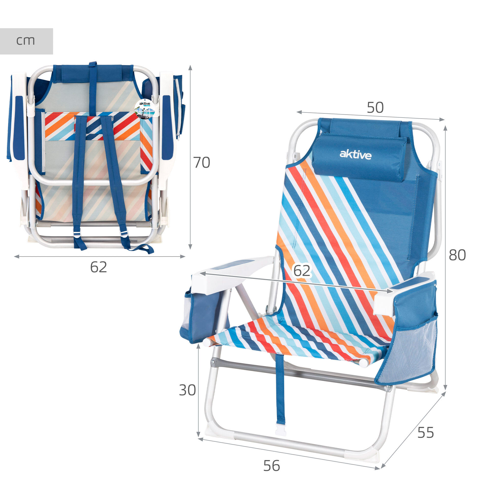 Set van 2 middelgrote, verstelbare strandstoelen 50x55x80 cm, meerkleurig 4/7