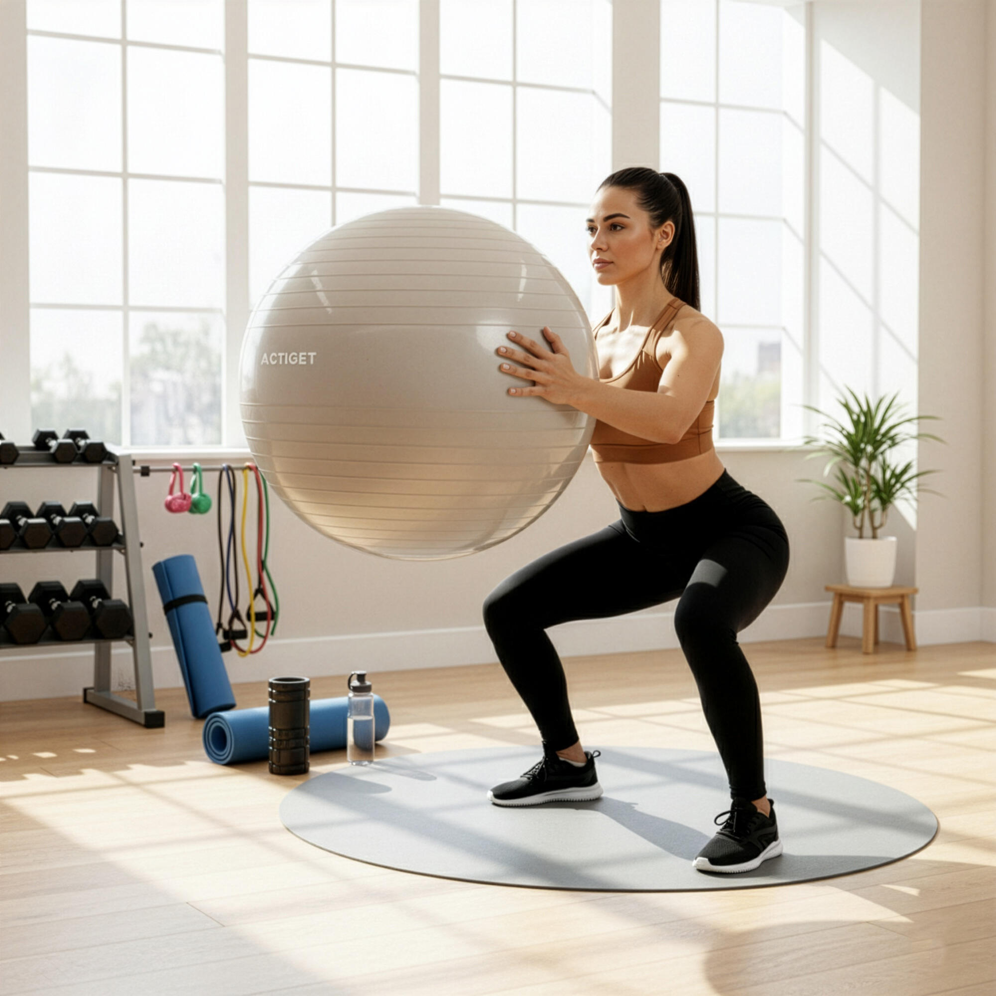 Piłka fitness 65 cm do ćwiczeń pilates i jogi z pompką, gimnastyczna, beżowa 6/7