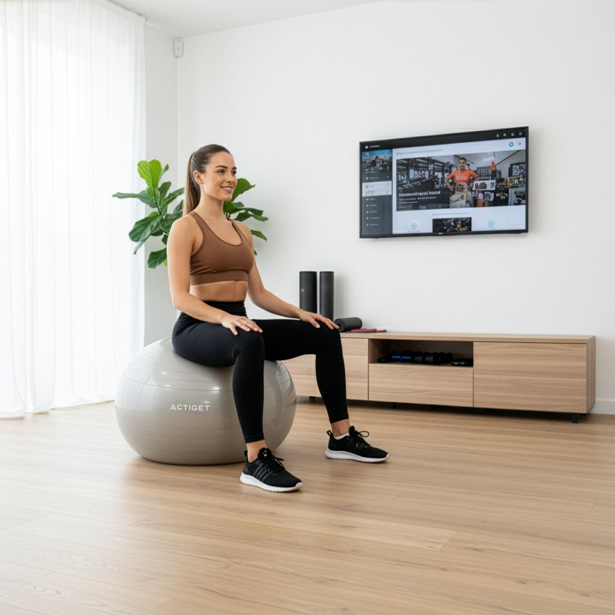 Piłka fitness 65 cm do ćwiczeń pilates i jogi z pompką, gimnastyczna, beżowa 7/7
