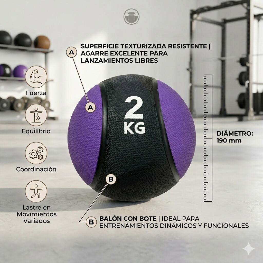 Balon Medicinal con Bote 2 kg Fitness Morado 2/3