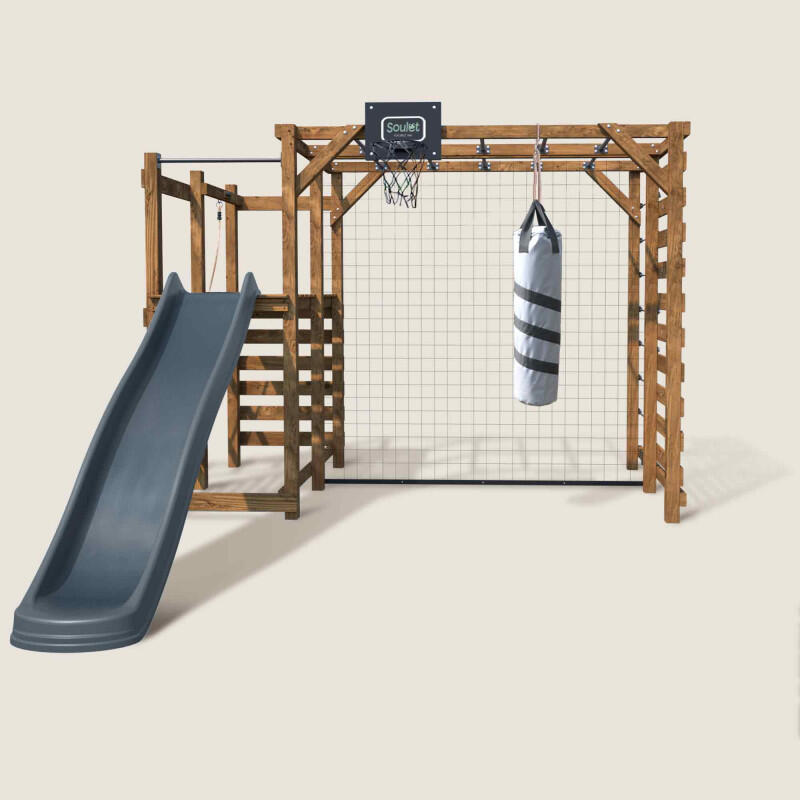 Aire de jeux multisport en bois traité avec toboggan ACHILLE 3/5