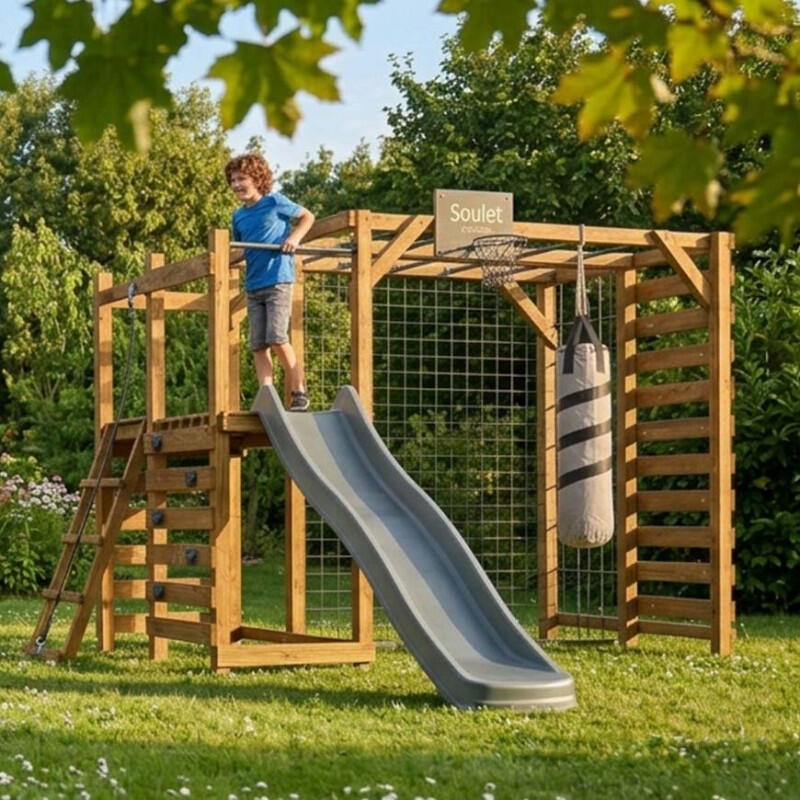 Aire de jeux multisport en bois traité avec toboggan ACHILLE 2/5