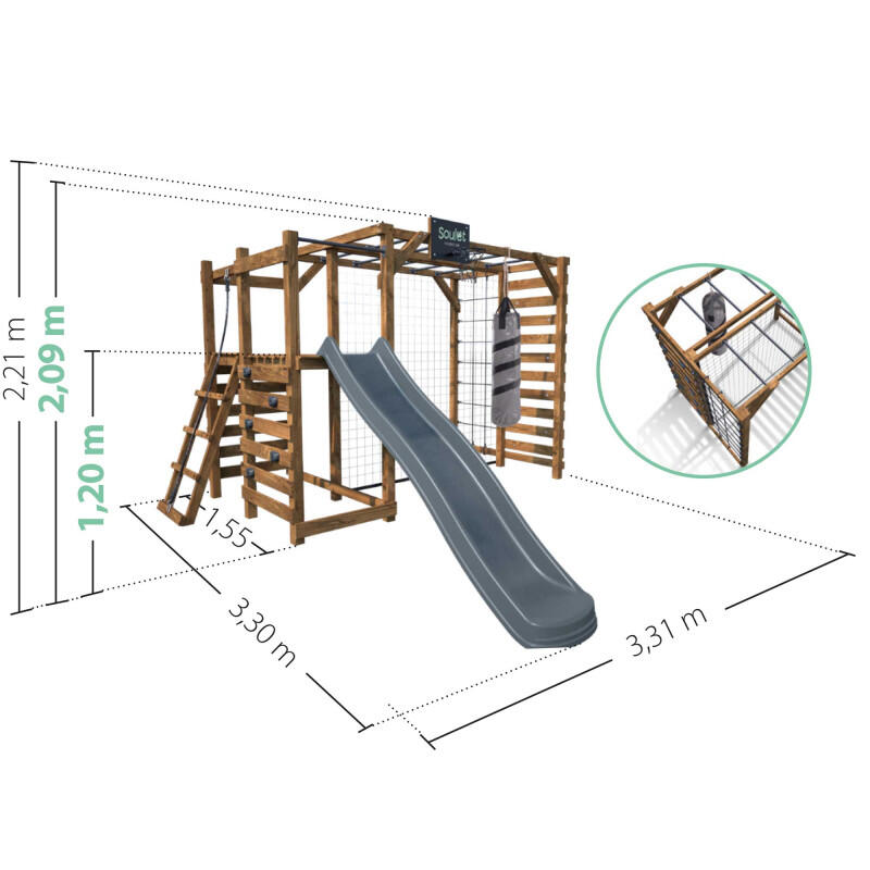 Aire de jeux multisport en bois traité avec toboggan ACHILLE 4/5