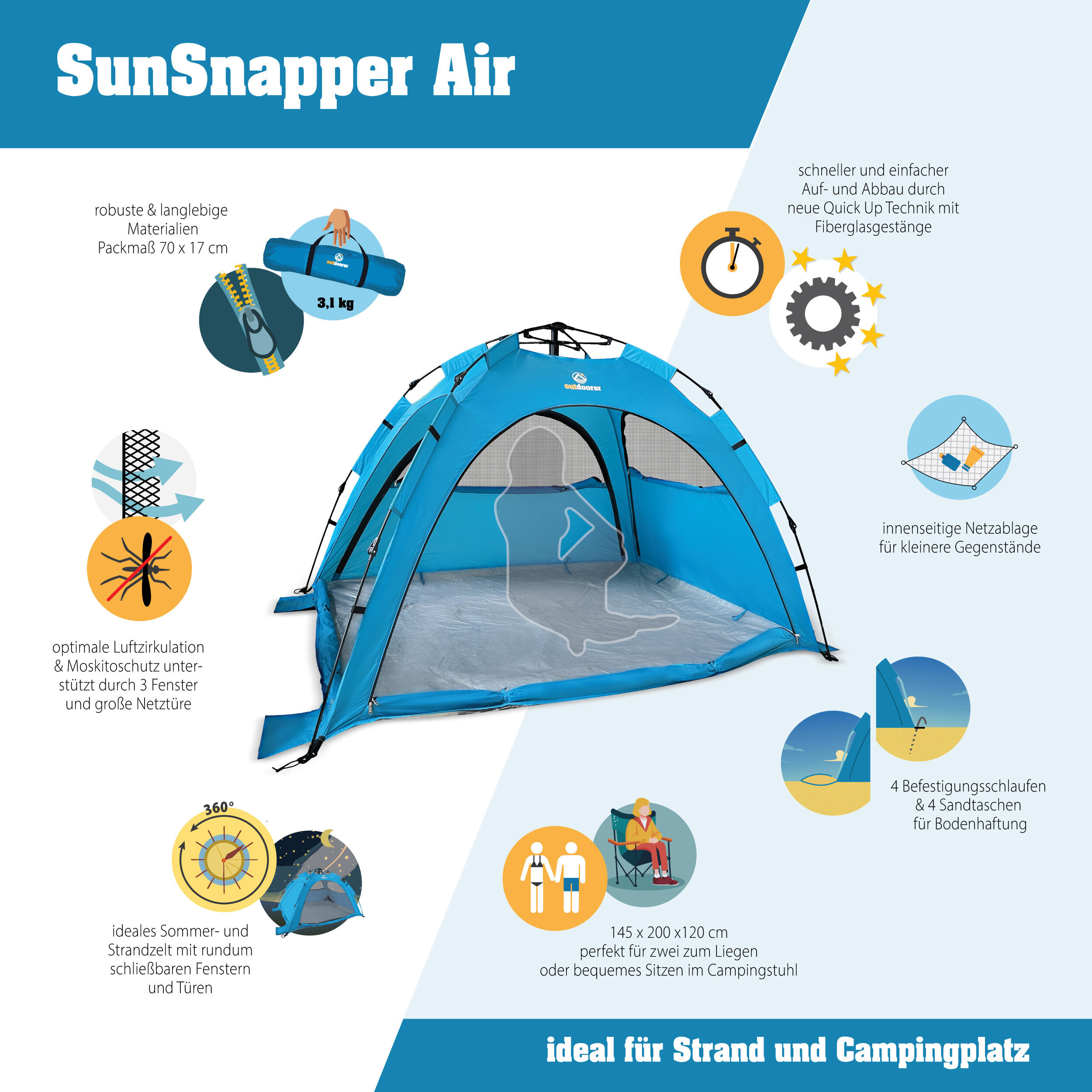 Automatik Strandmuschel SunSnapper Air - XXL Strandzelt mit UV 80 2/7