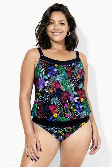 Damen Tankini Blüten Softcups Zierringe Träger verstellbar