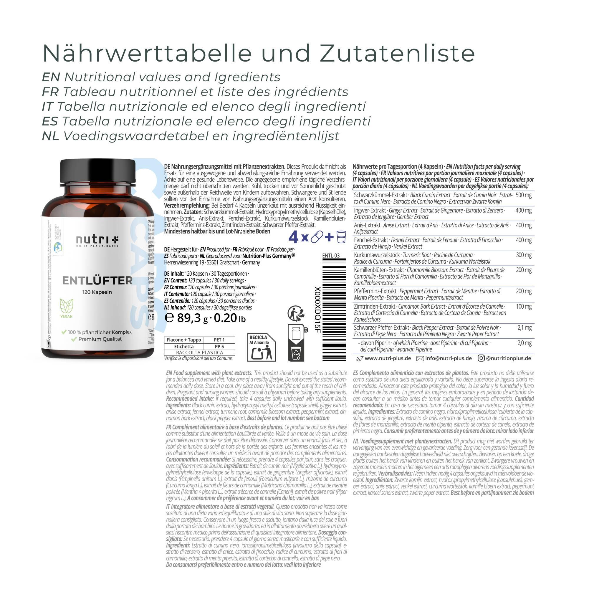 Entlüfter - pflanzliche Magen-Darm-Kapseln - 120 Kapseln 2/5