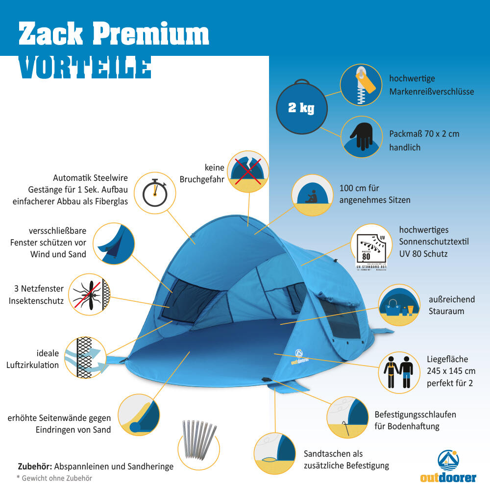 Pop Up Strandmuschel Zack Premium - Strandzelt, 3 Fenster,
Sandheringe, UV 80 2/7
