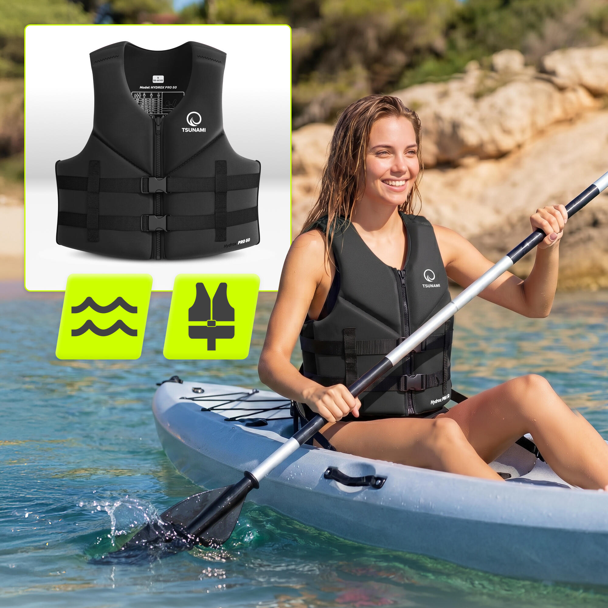 Giubbotto aiuto galleggiamento SUP ergonomico Hydrox Pro 50 TSUNAMI nero M 3/7