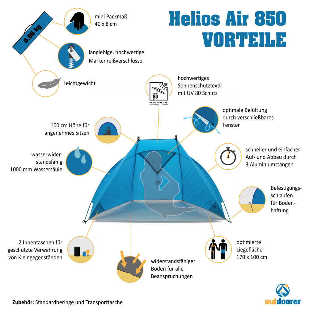 Reise Strandmuschel Helios Air 850 - Leichtzelt, Alugestänge, UV
Schutz 80 2/7