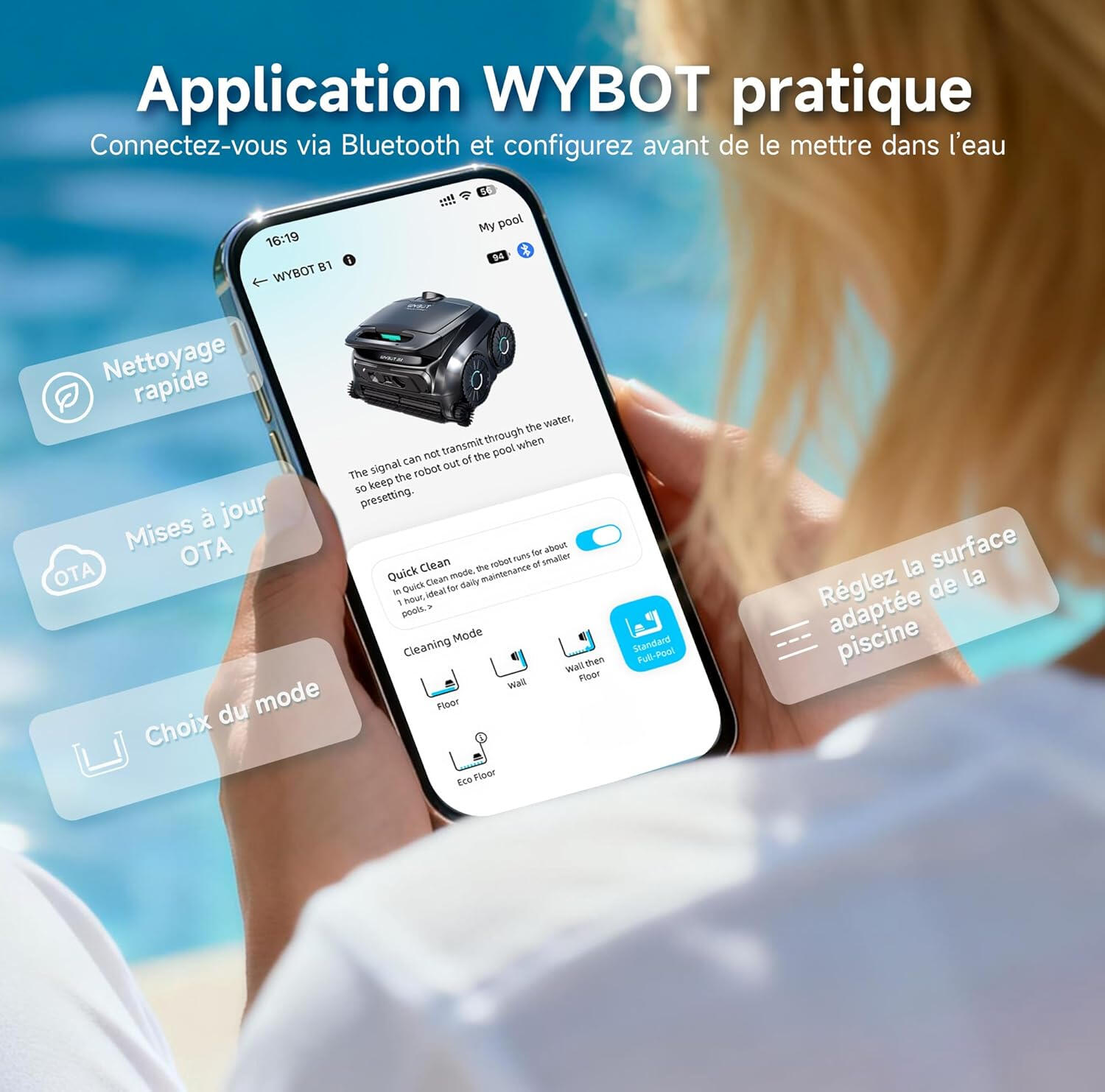 WYBOT B1 robot piscine sans fil app fond/parois/coins 2 brosses latérales 3/5