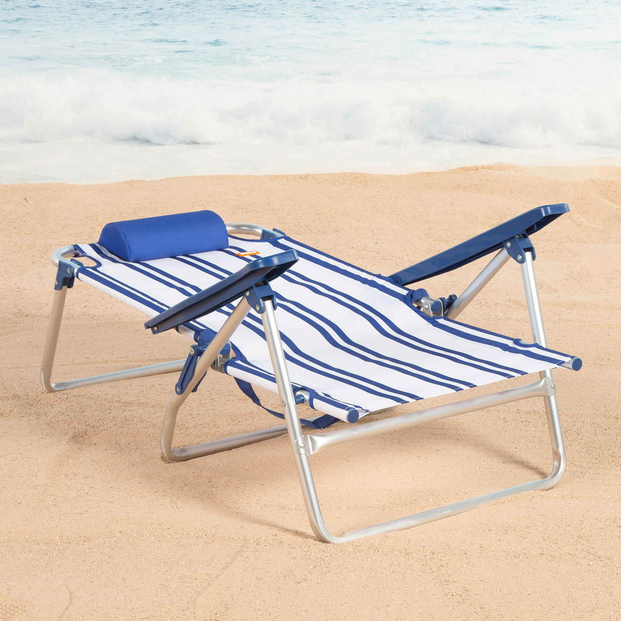 Lot de 2 chaises de plage basses multipositions 48x45x83 cm à rayures nautiques 3/7