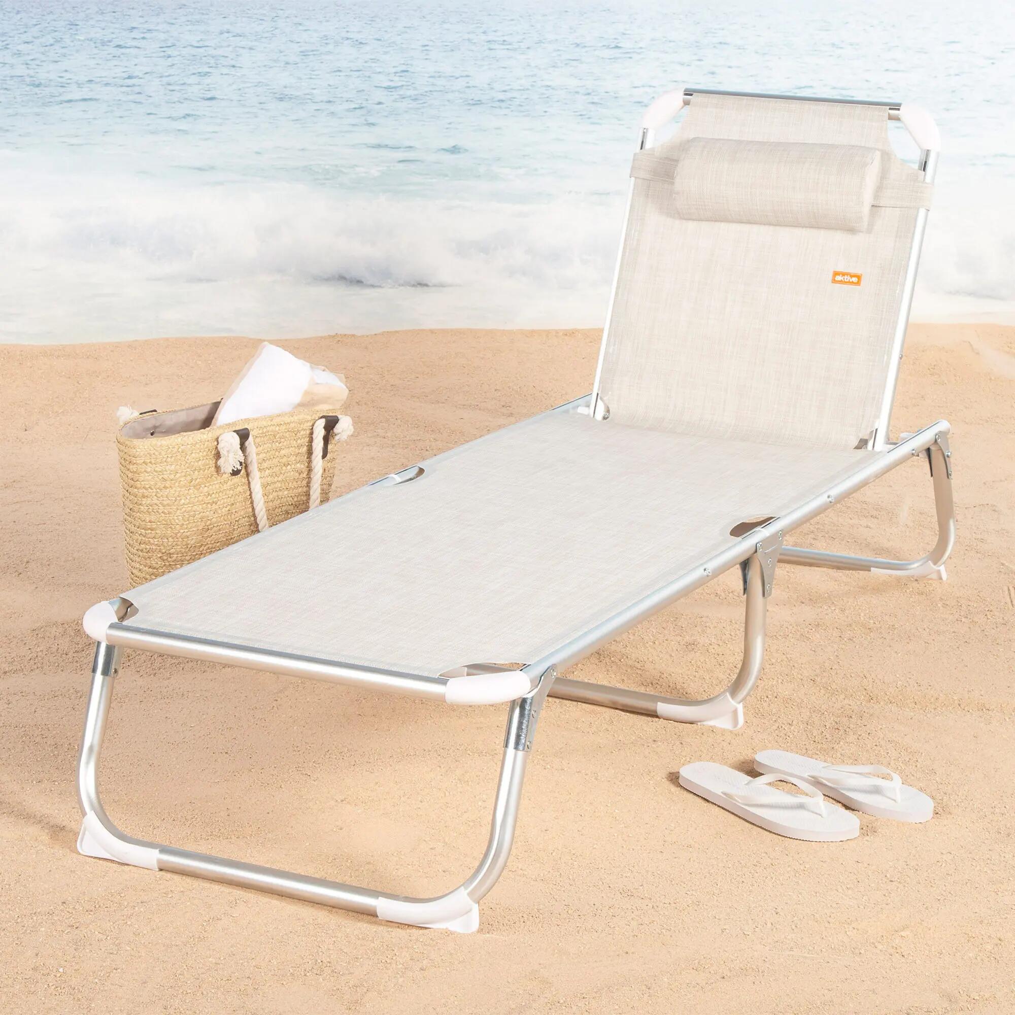 Lot de 2 chaises longues de plage multipositions 186x49x30 cm beige 2/7