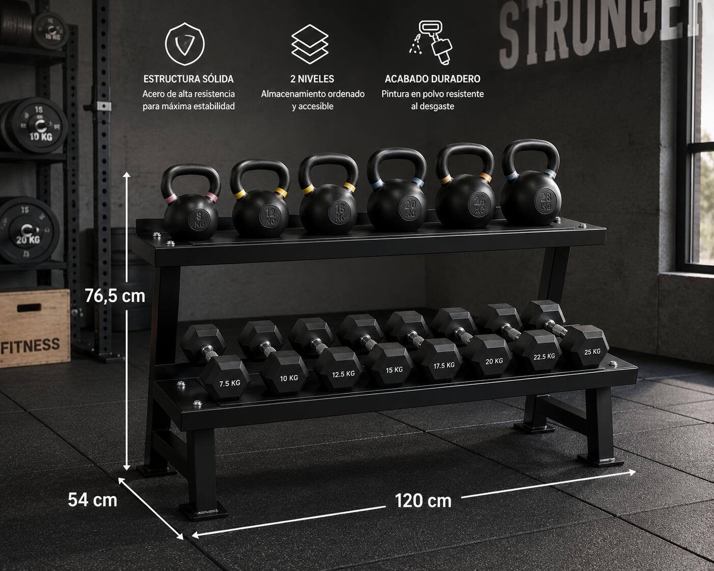 Soporte 2 alturas Kettlebell 120 x 54 x 76,50 cm Negro 3/3