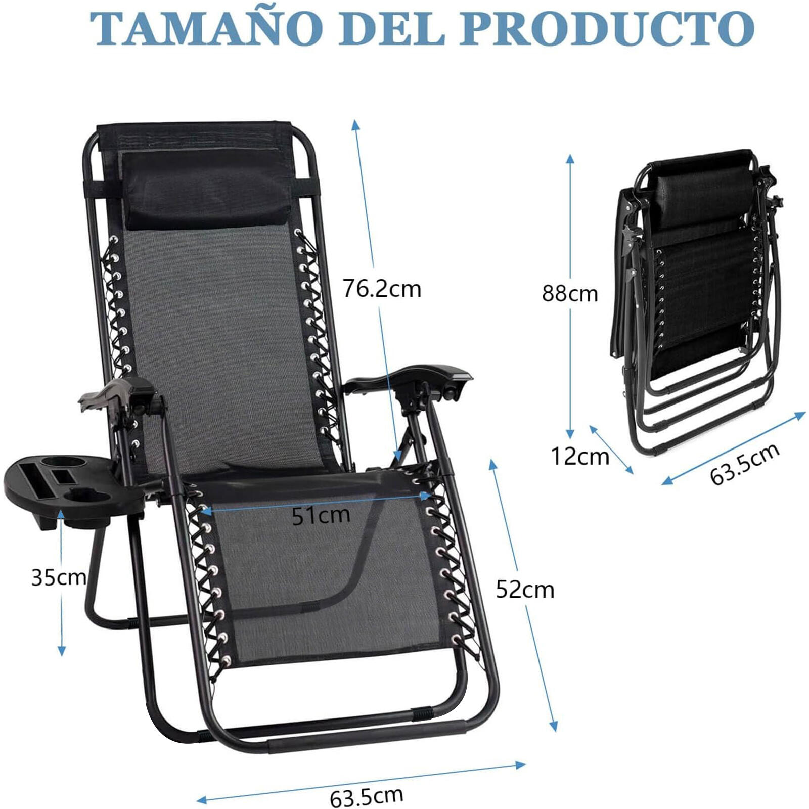 Silla Plegable Camping Tipo Tumbona Multiposición Negro 2/6
