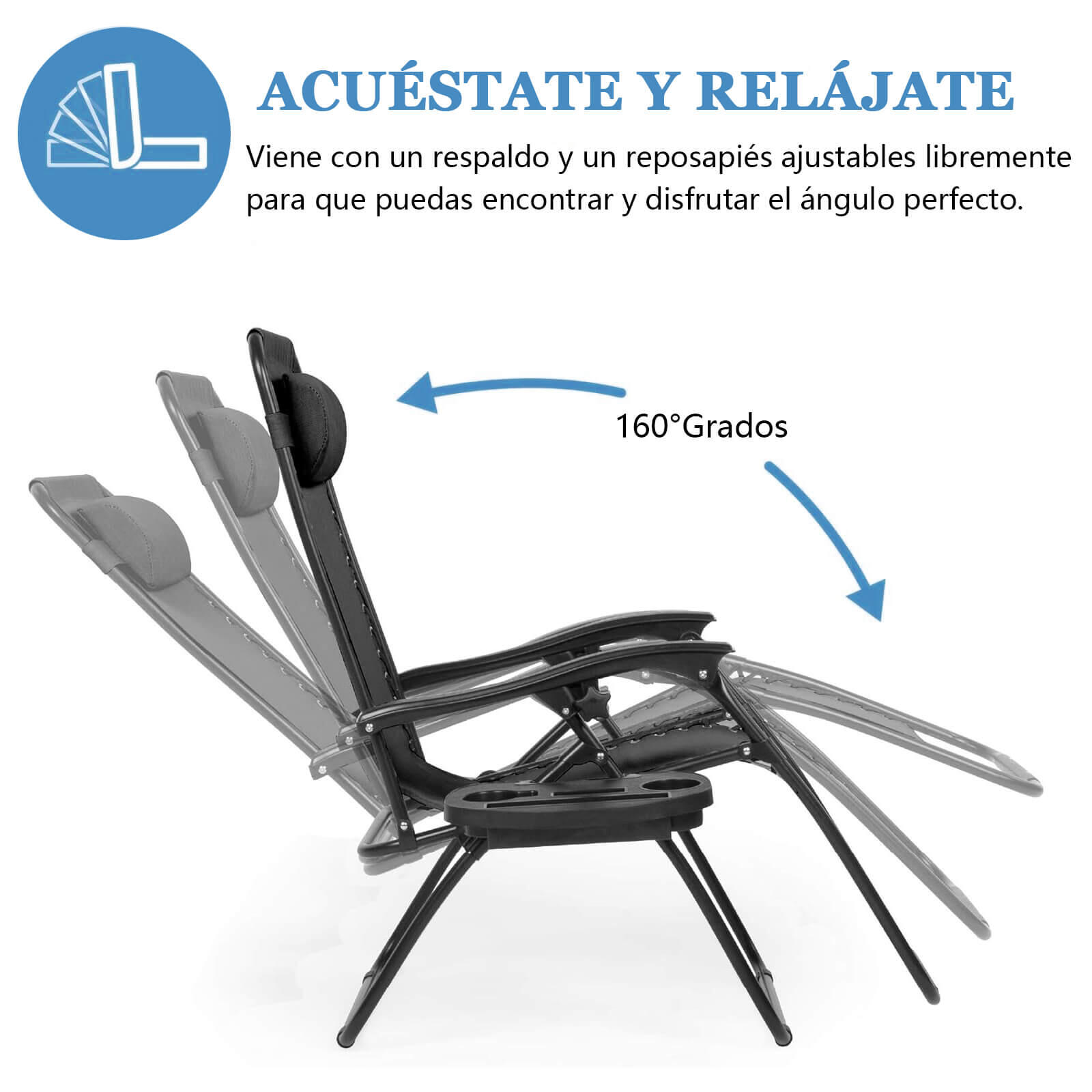 Silla Plegable Camping Tipo Tumbona Multiposición Negro 5/6