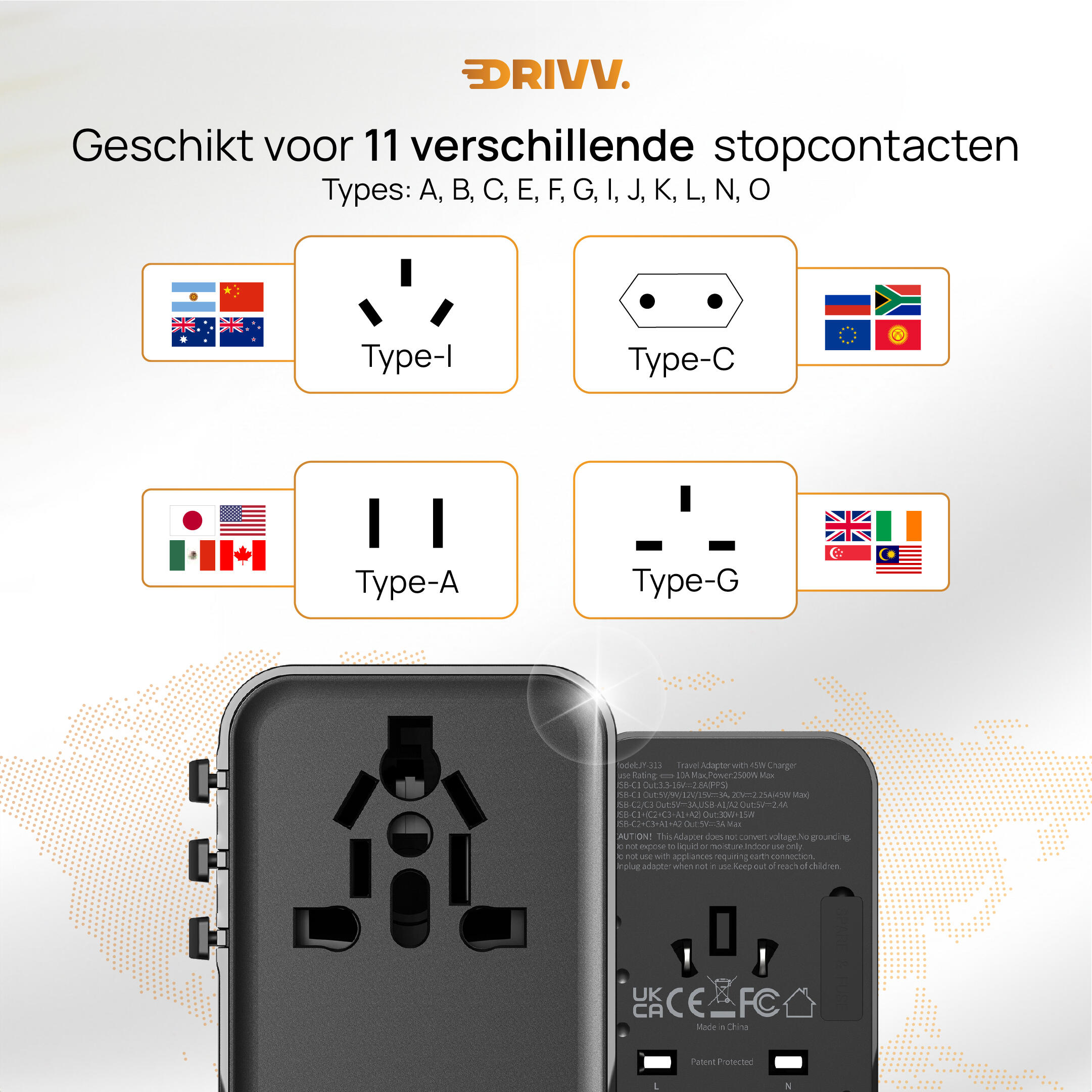 Wereldstekker - 45W snellader - Reisstekker - USB-C adapter 6/7